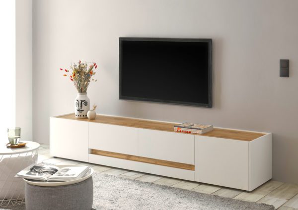 Lowboard 220x40 cm Eiche Weiss 2-tuerig + 2x Schubkaesten BOSTON