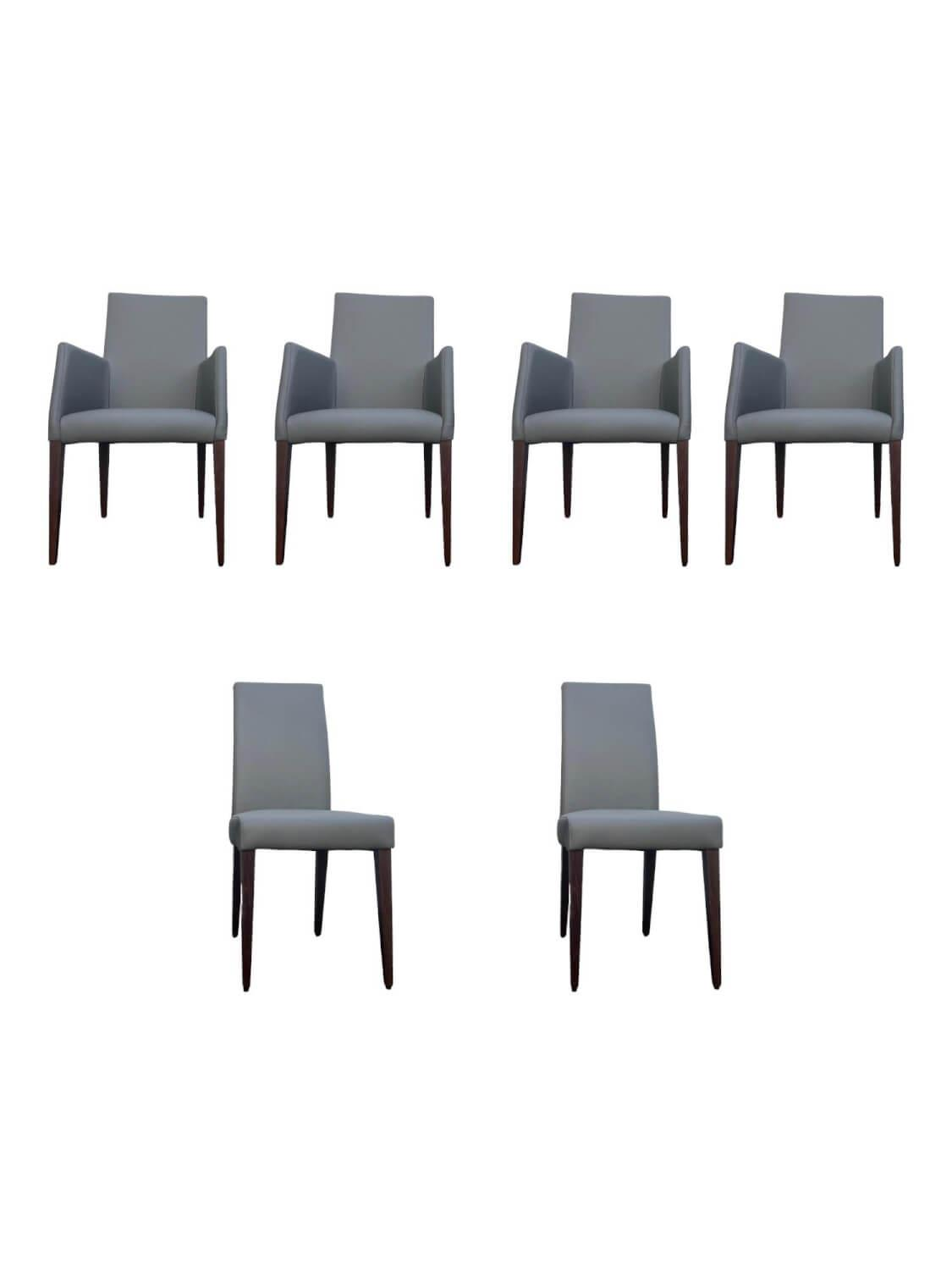 6er Set Stuhl Diverso Leder Toledo Smog Grau Gestell Nussbaum Lackiert