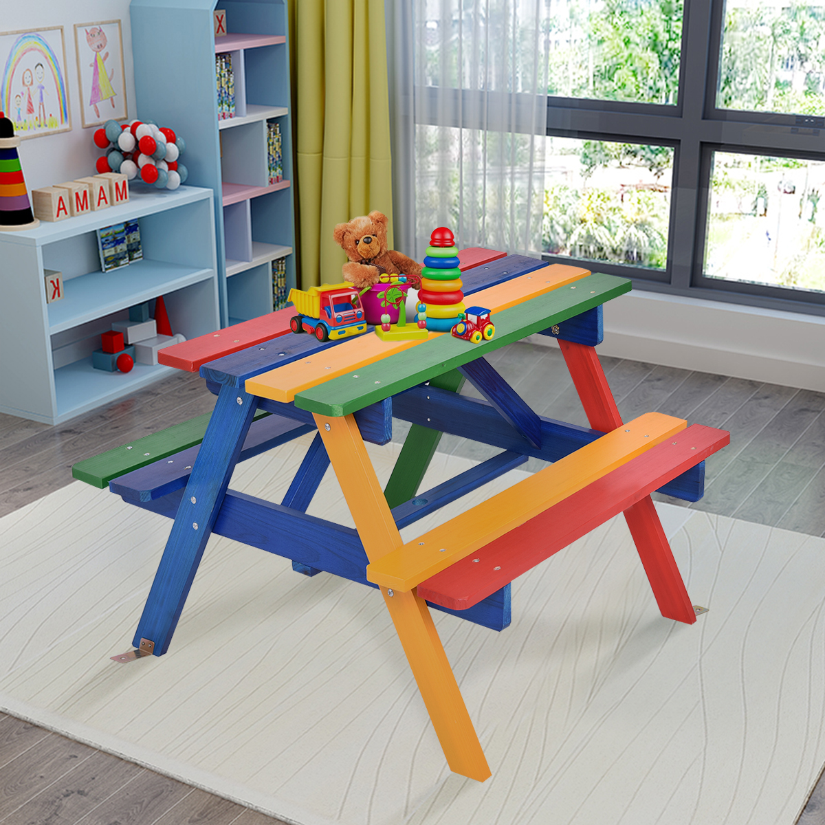 Kinder Sitzgruppe aus Holz Sitzgarnitur Gartengarnitur Kindermöbel Kindertisch mit Sonnenschirm & 2 Bänken für Außen