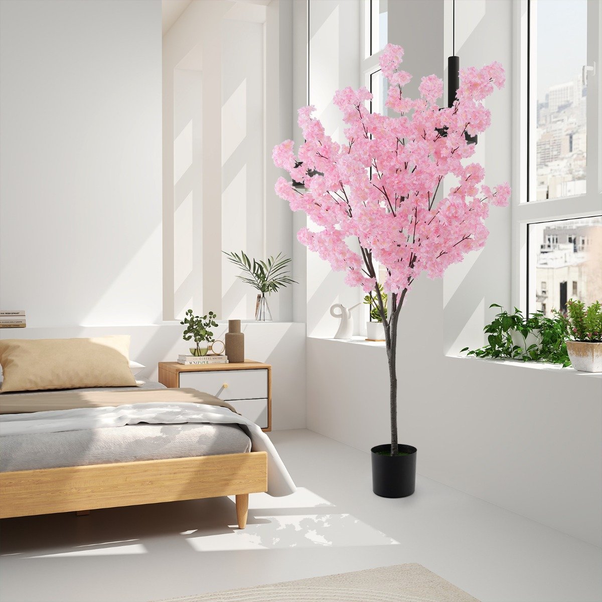 190 cm Künstlicher Kirschblütenbaum Kunstpflanze mit Blüten in Rosa Kunstbaum im Topf