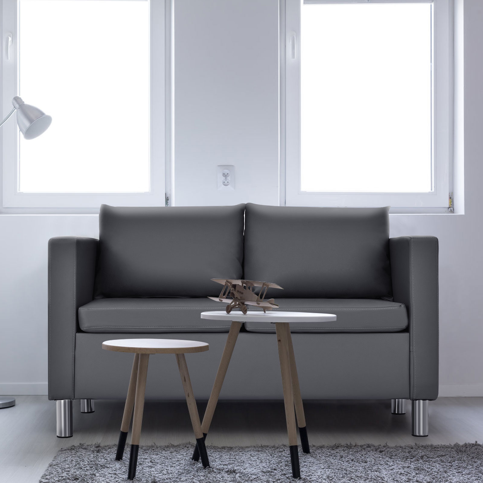 Modernes Zweisitzer-Sofa Kunstleder-Sofa mit weichem Kissen und Kautschukholzbeinen für Zuhause und Büro grau