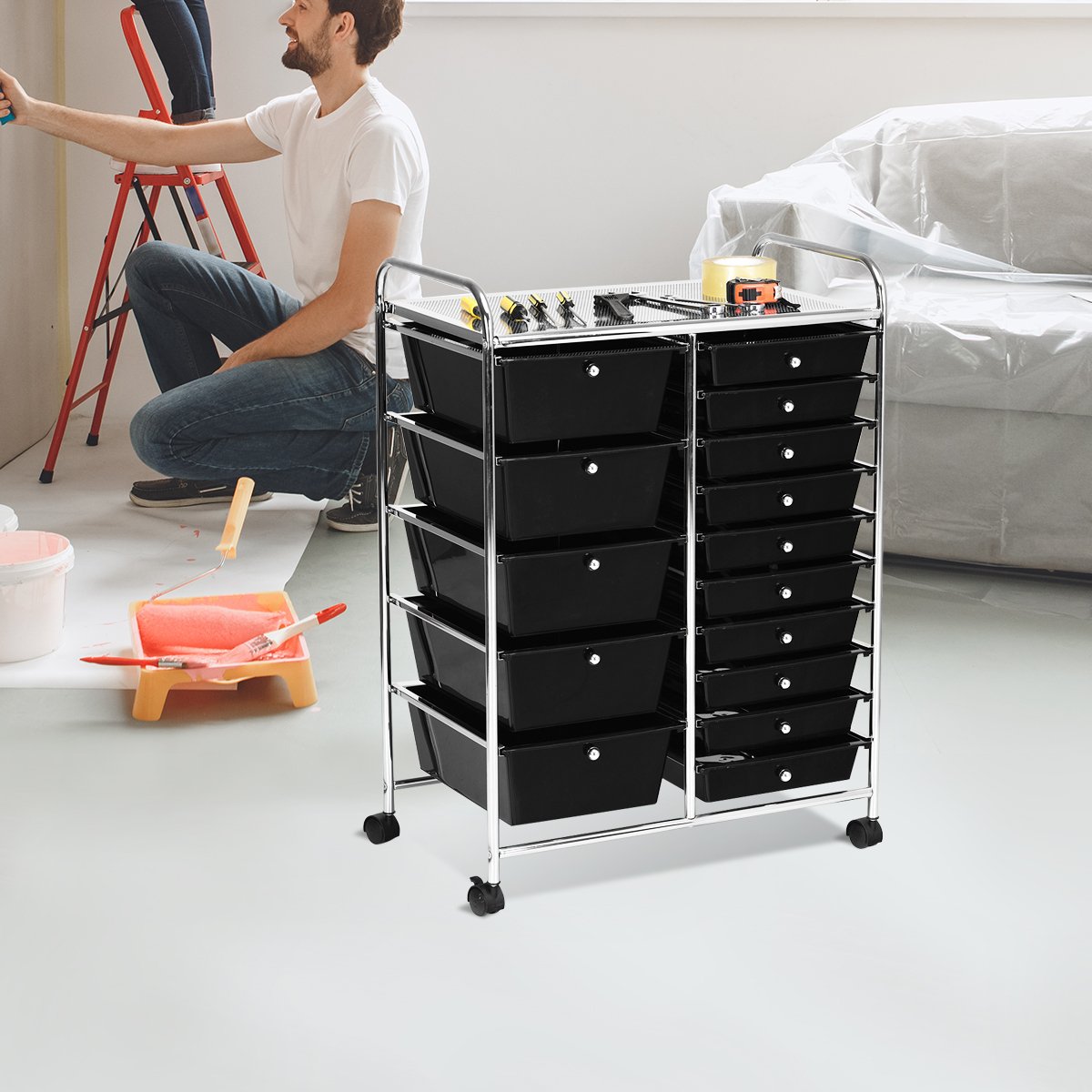 Rollwagen mit 15 stapelbaren Schubladen Rollcontainer Beistellwagen Farbig/Schwarz 63 x 37 x 87 cm-Schwarz