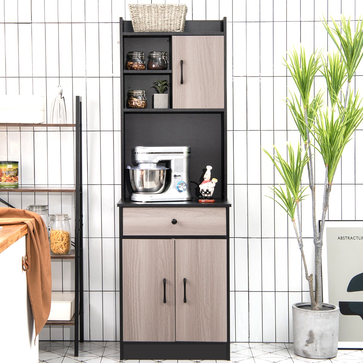 180 cm Küchenschrank aus Holz mit Schublade & Verstellbare Einlegeböden Sideboard Schwarz