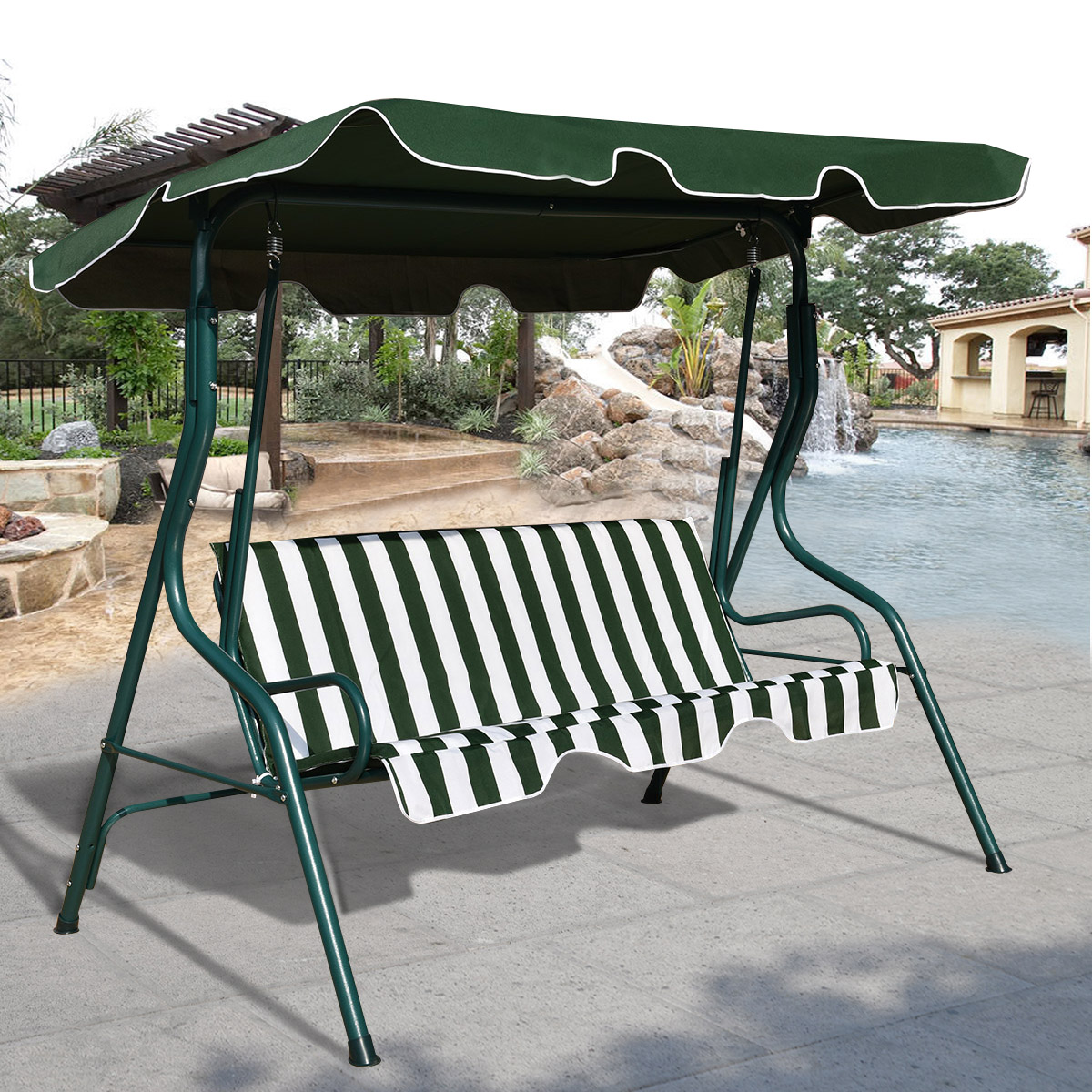 Hollywoodschaukel 3-Sitzer Gartenschaukel Schaukelbank mit Sonnendach Grün/Braun/Schwarz 172 x 154 x 110 cm-Grün