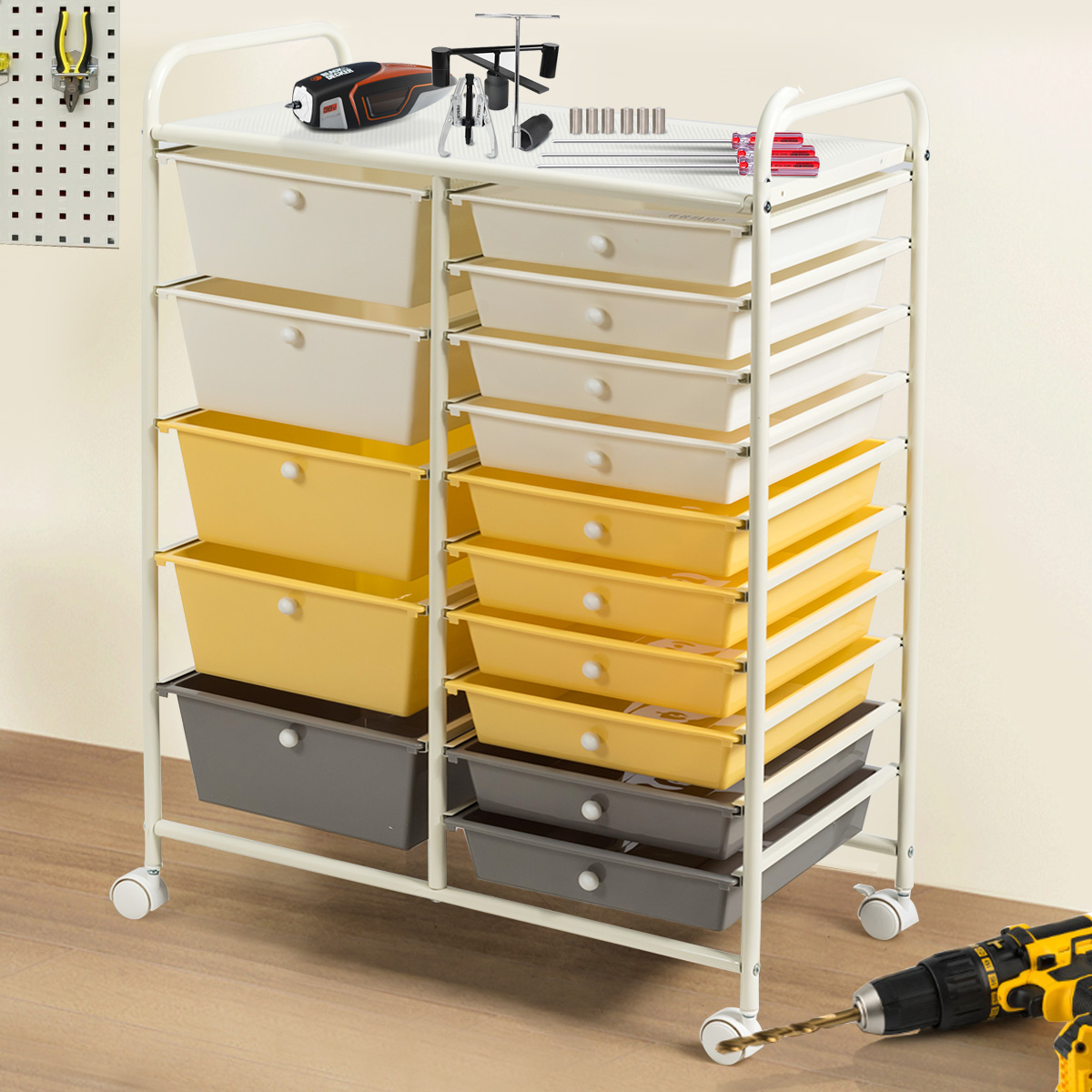 Rollwagen mit 15 stapelbaren Schubladen Rollcontainer BeistellwagenBunt/Gelb 62,5 x 37 x 87 cm-Gelb
