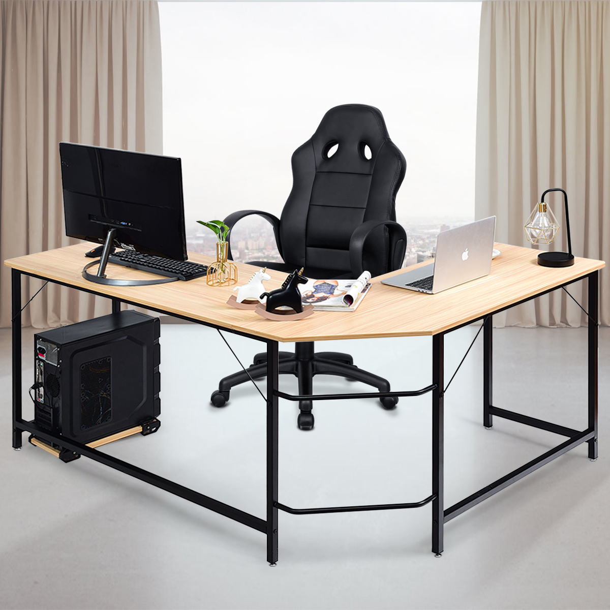 L-Form Computertisch PC Eckschreibtisch Winkelschreibtisch Schwarz/Natur 168 x 125 x 74 cm-Natur