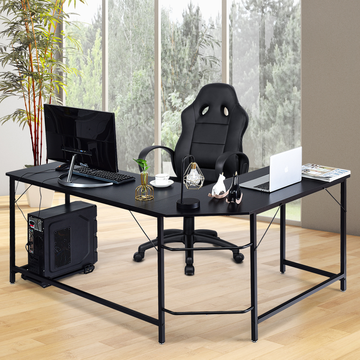 L-Form Computertisch PC Eckschreibtisch Winkelschreibtisch Schwarz/Natur 168 x 125 x 74 cm-Schwarz