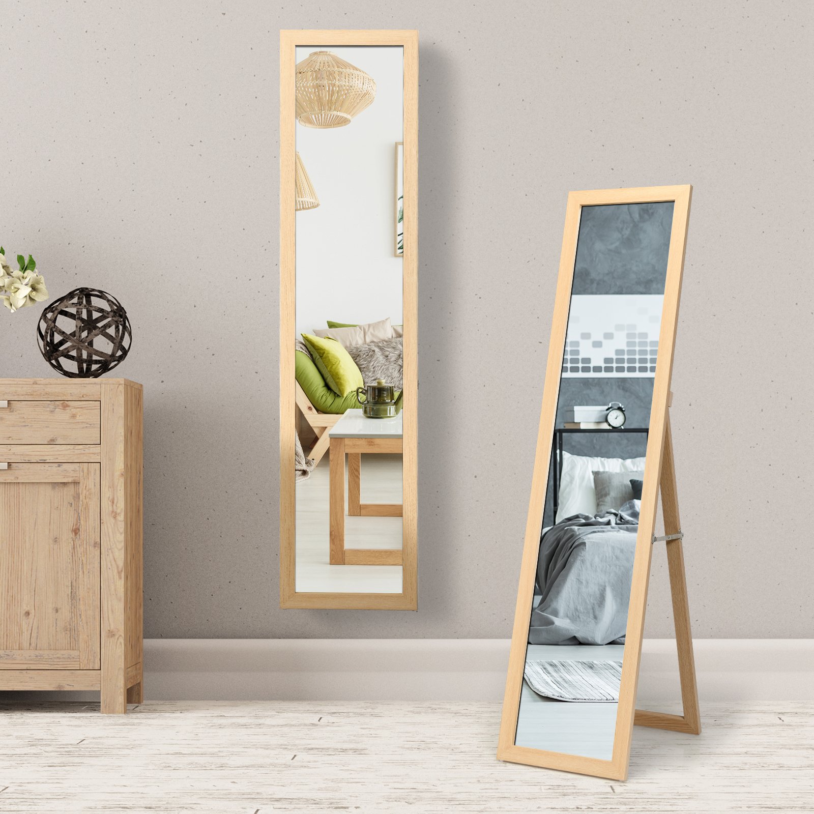 2 in 1 Ganzkörperspiegel Standspiegel und Wandspiegel mit Holzrahmen 37 x 155 cm Natur