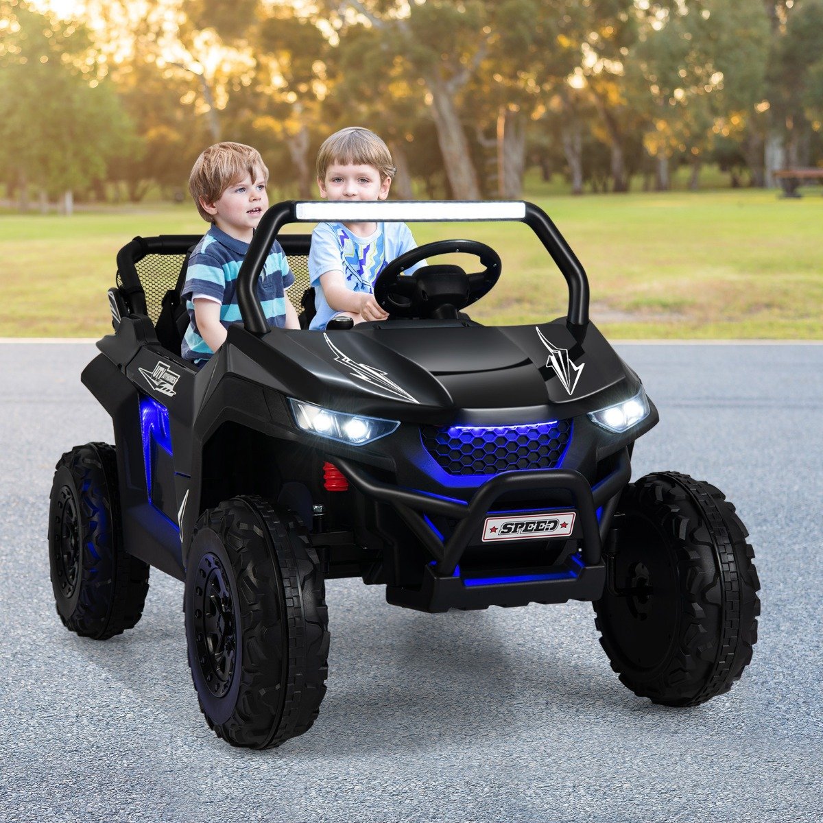 2 Sitzer Kinderauto mit 2,4G Fernbedienung 12V Kinder UTV mit Musik und Scheinwerfer 118 x 74 x 71 cm Schwarz