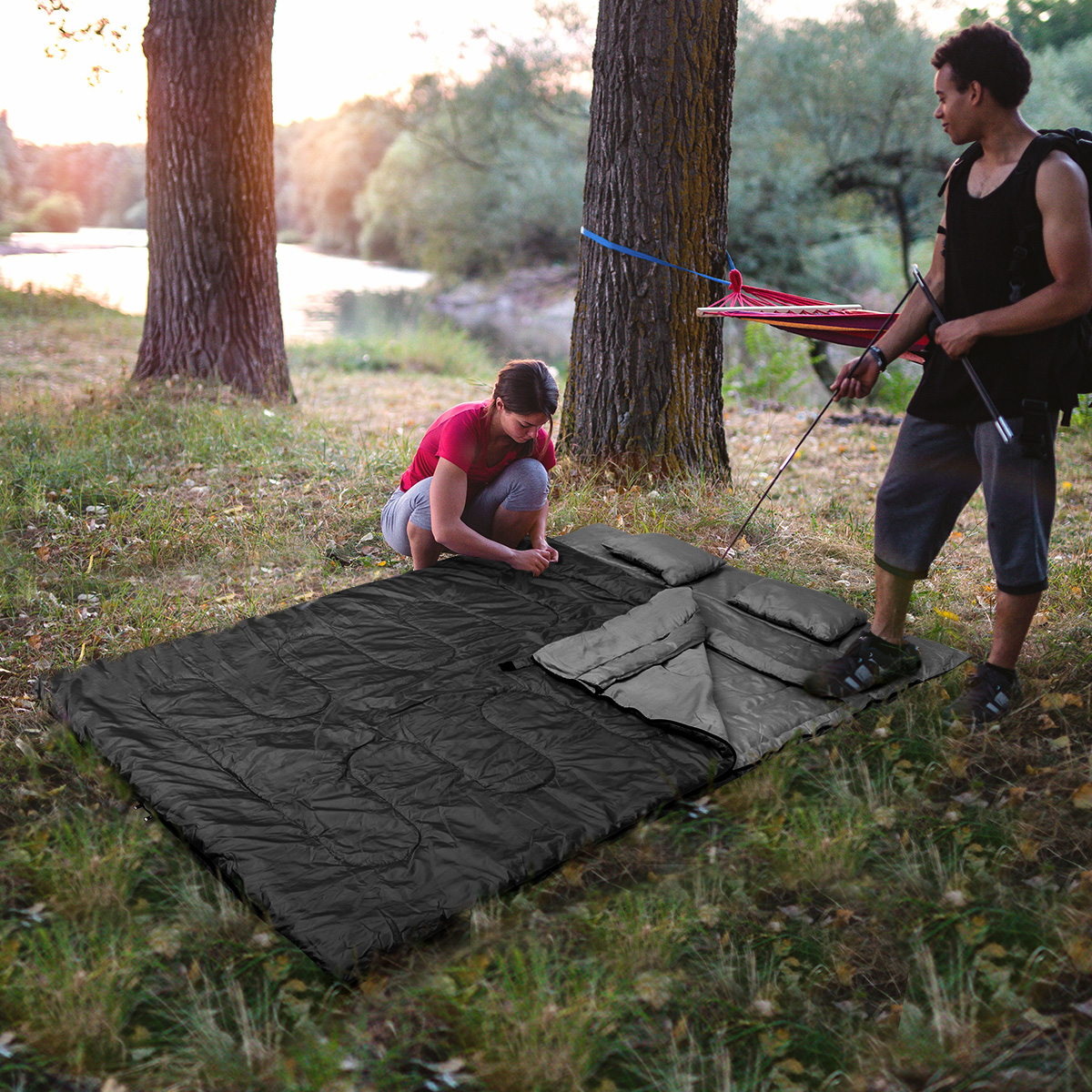 Goplus Doppelschlafsack 2 Personen XL Deckenschlafsack Schlafsack mit 2 Kissen Schwarz 220 x150 cm