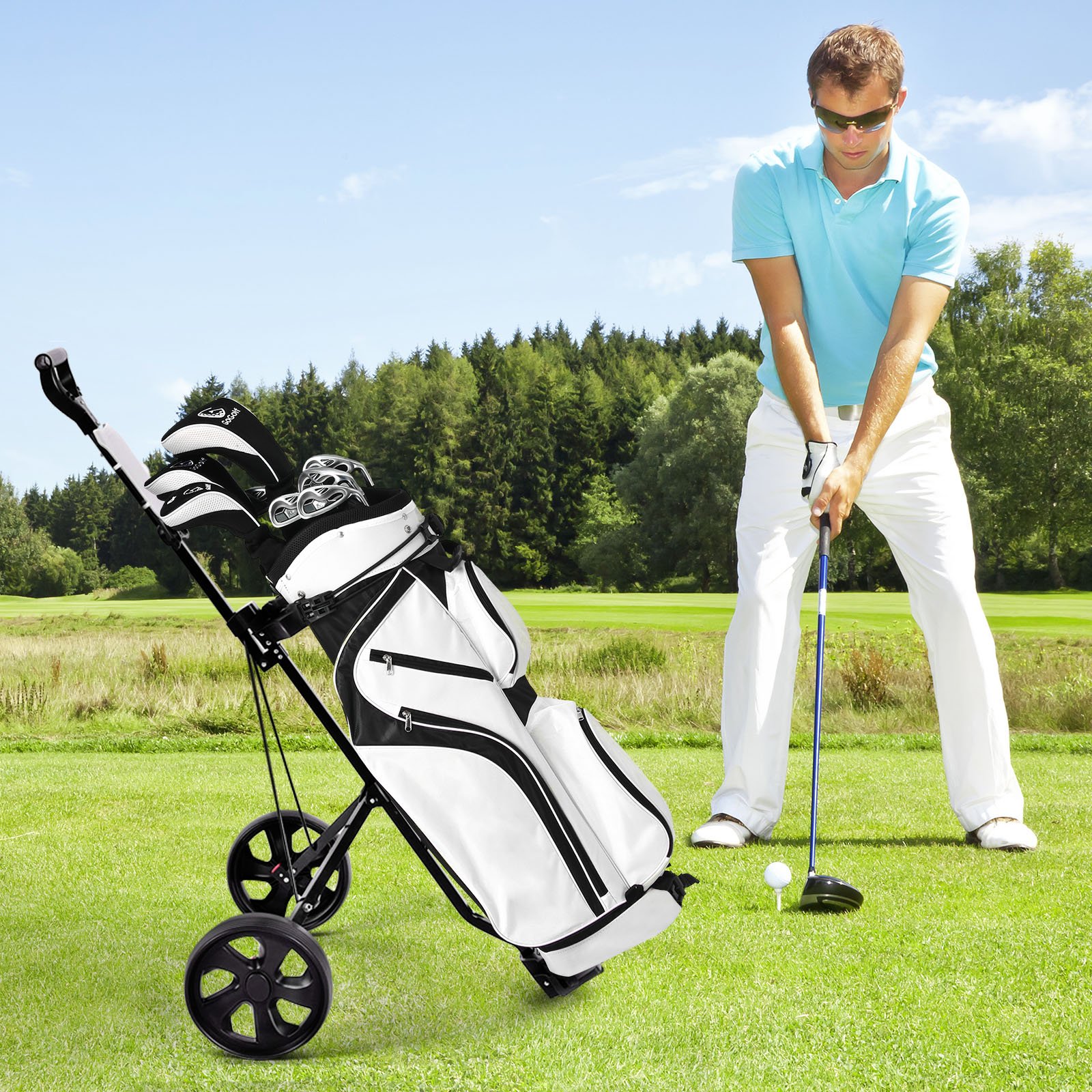 Klappbarer Golf Trolley aus Stahl mit Scorecardhalter 2 Rad Golftrolley Golf Bag Push Cart Schwarz