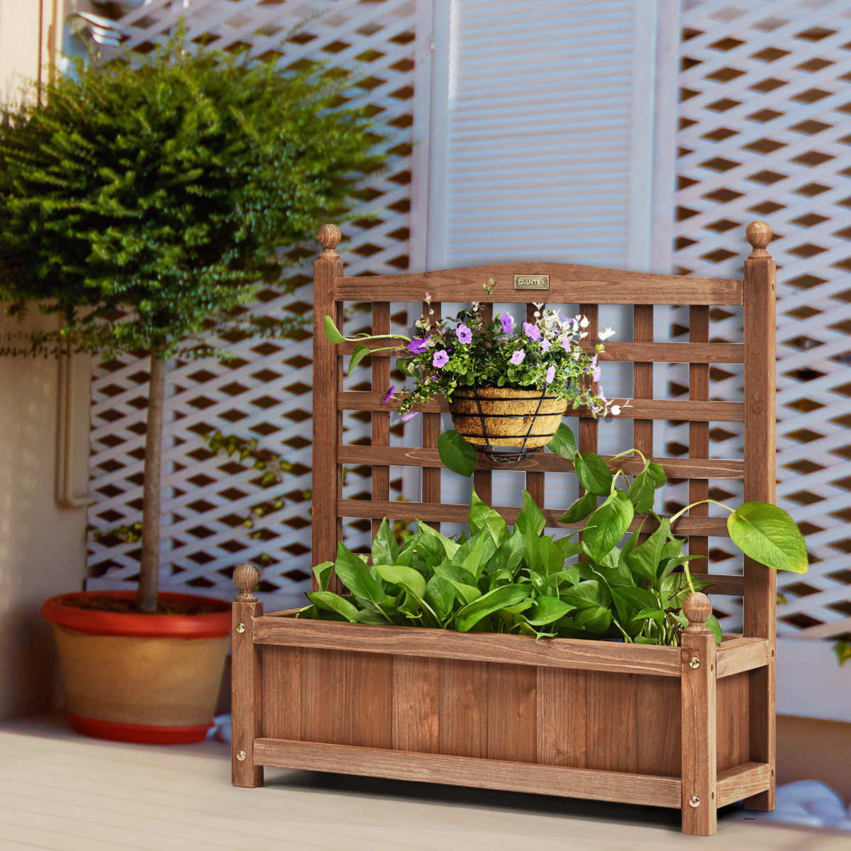 Gartenspalier Blumenkasten mit Rankgitter Massivholz-Pflanzgefäß 64,5 x 28 x 75 cm Dunkelbraun