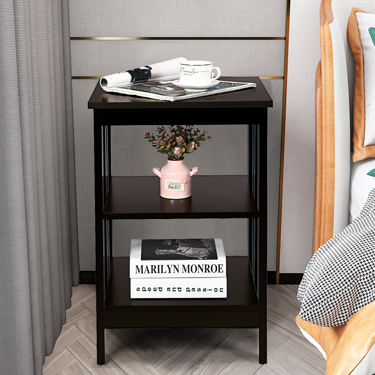 3 Ebene II-förmig Nachttisch Beistelltisch mit Regal & Stauraum 40 x 40 x 61 cm Kaffee