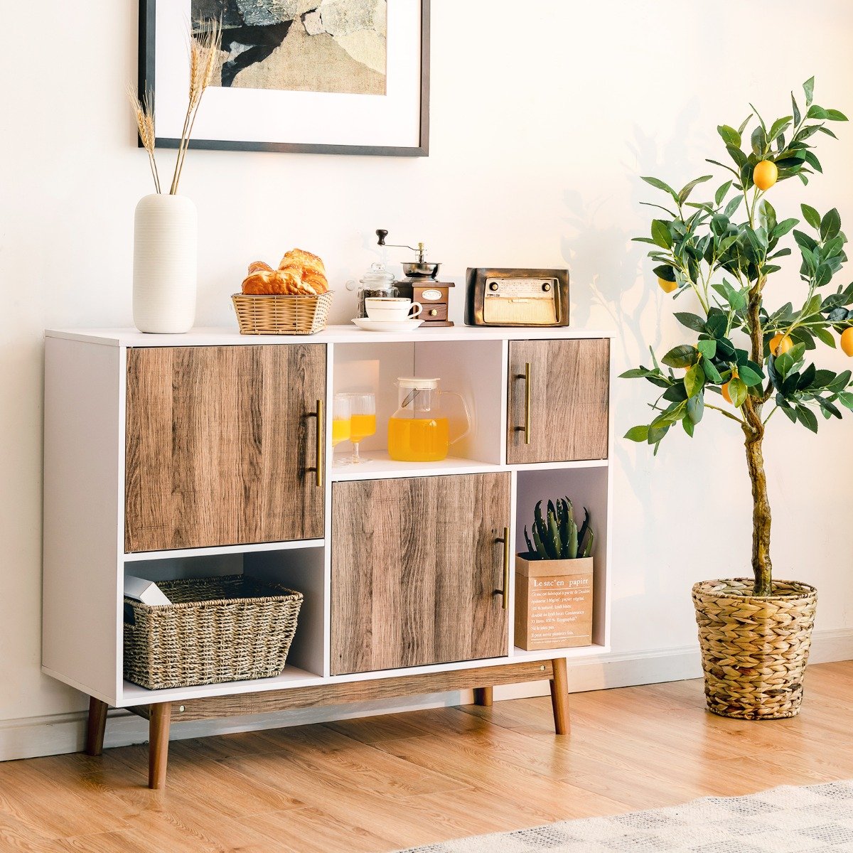 Sideboard Standregal Kommode Mehrzweck Schrank 95 x 31 x 76 cm Weiß + Kaffeebraun