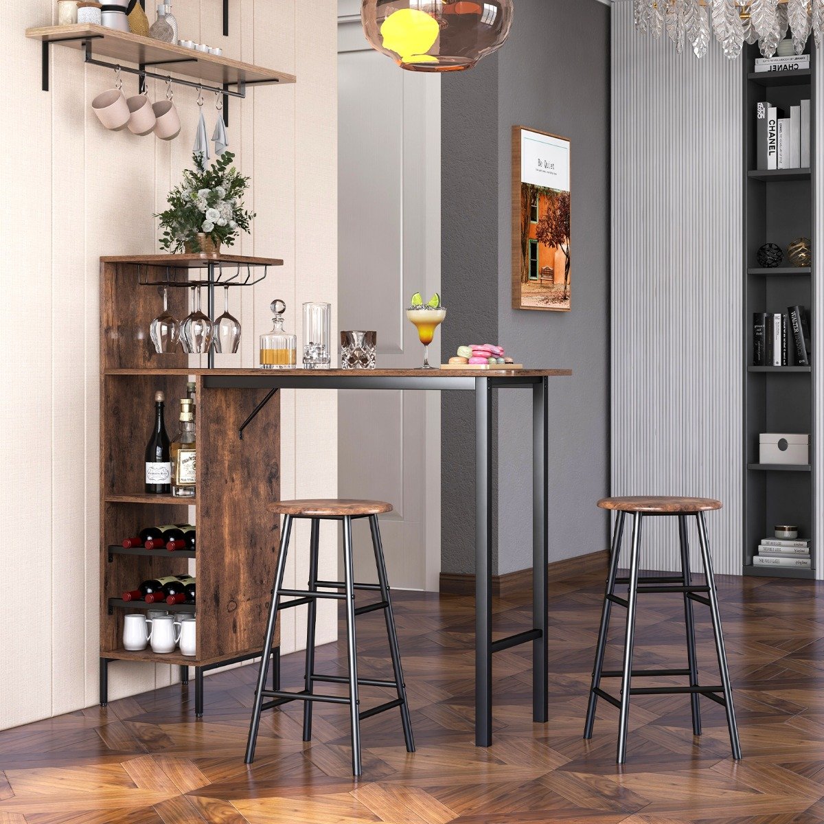 3-teiliges Bartisch- & Stuhl-Set Industrieller Pub-Tisch & Hocker Kaffee