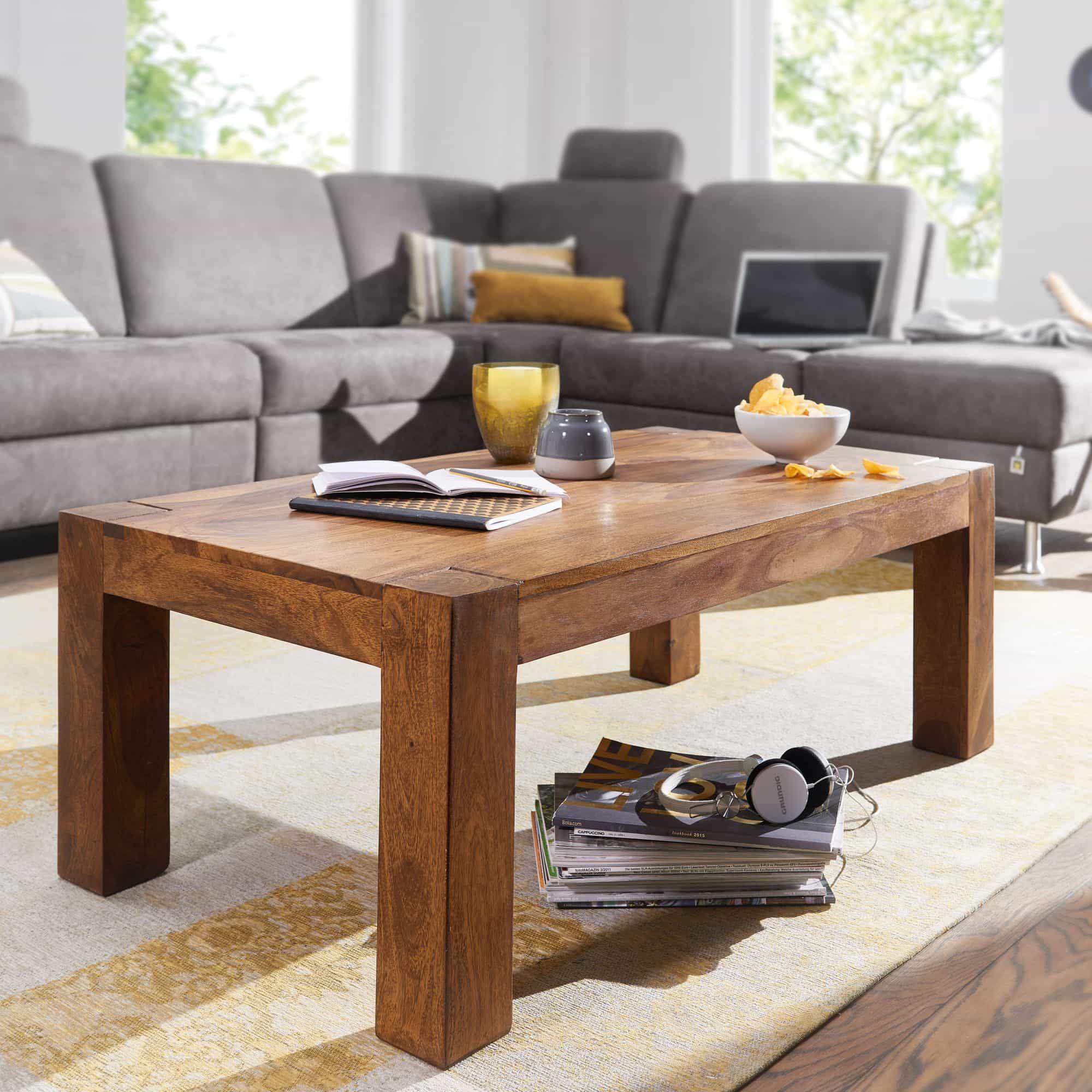 Couchtisch Sheesham 110 cm – Massivholz & Metall im Landhaus‑Stil