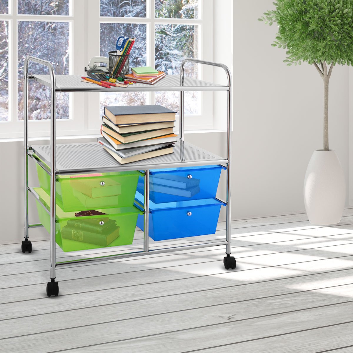 Rollwagen 4 Schubladen Bad Rollcontainer Küchenwagen mit Rollen 58,5 x 37 x75 cm-Blau und grün