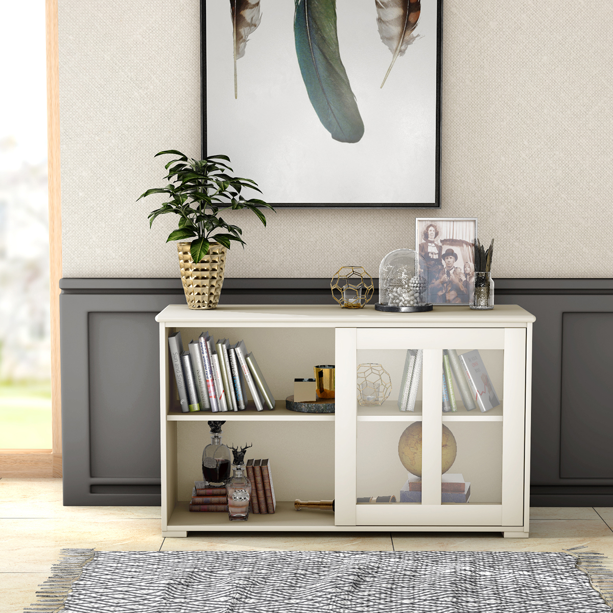 Sideboard Küchenschrank Wohnzimmerregel mit Schiebetüren Cremeweiß 106,5 x 33 x 62,5 cm