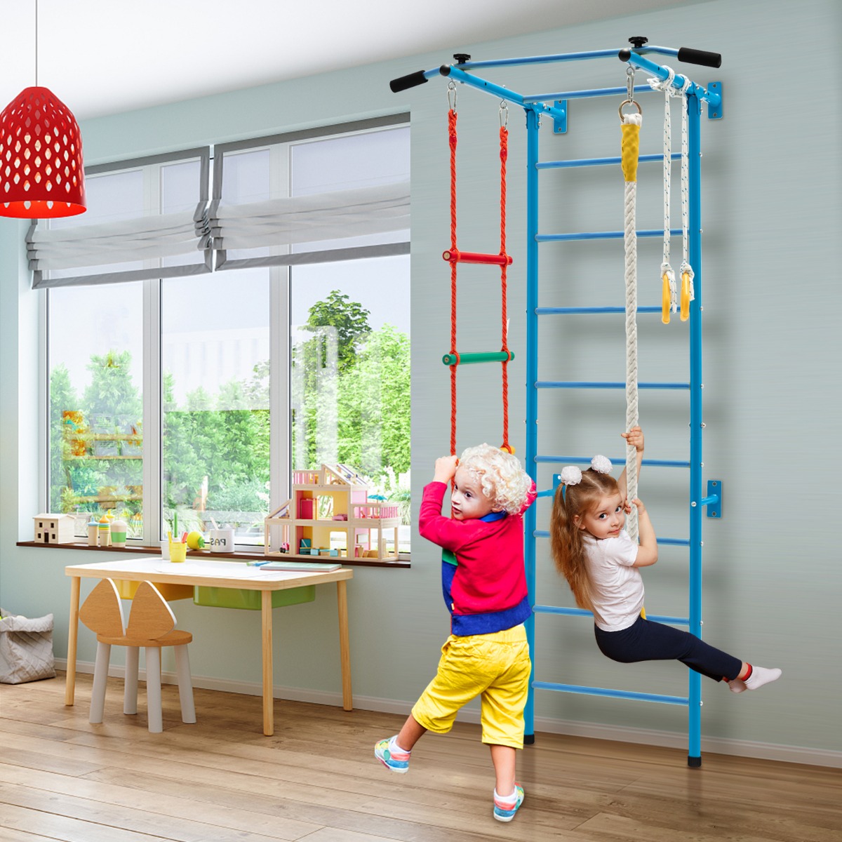 Kinder Kletterwand Heimsportgerät für Kinder bis 100 kg 107 x 83 x 223 cm Blau