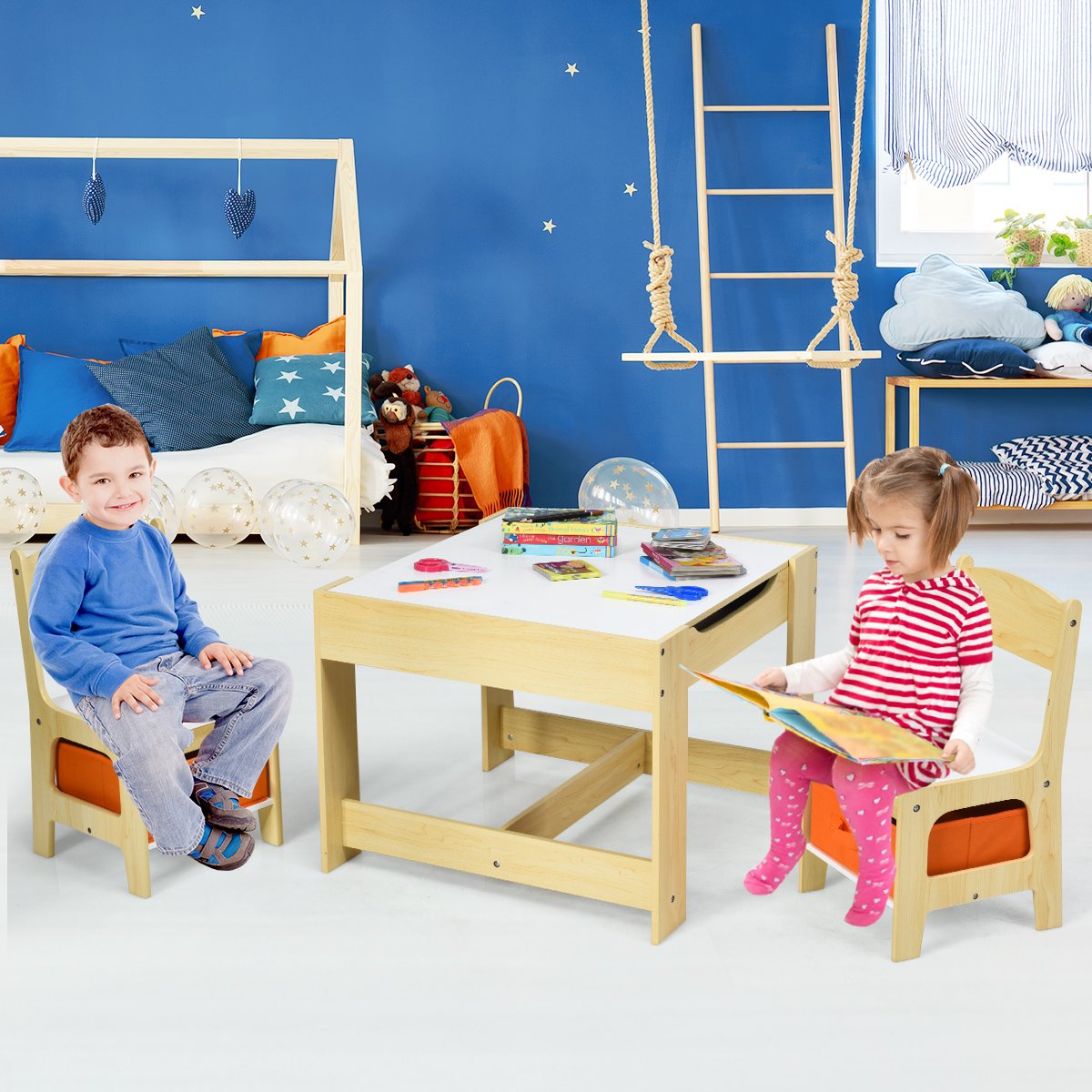 3 TLG. Kindersitzgruppe Kindermöbel Kindersitzgarnitur Kindertisch mit 2 Stühlen aus Holz 3 in 1 Maltisch