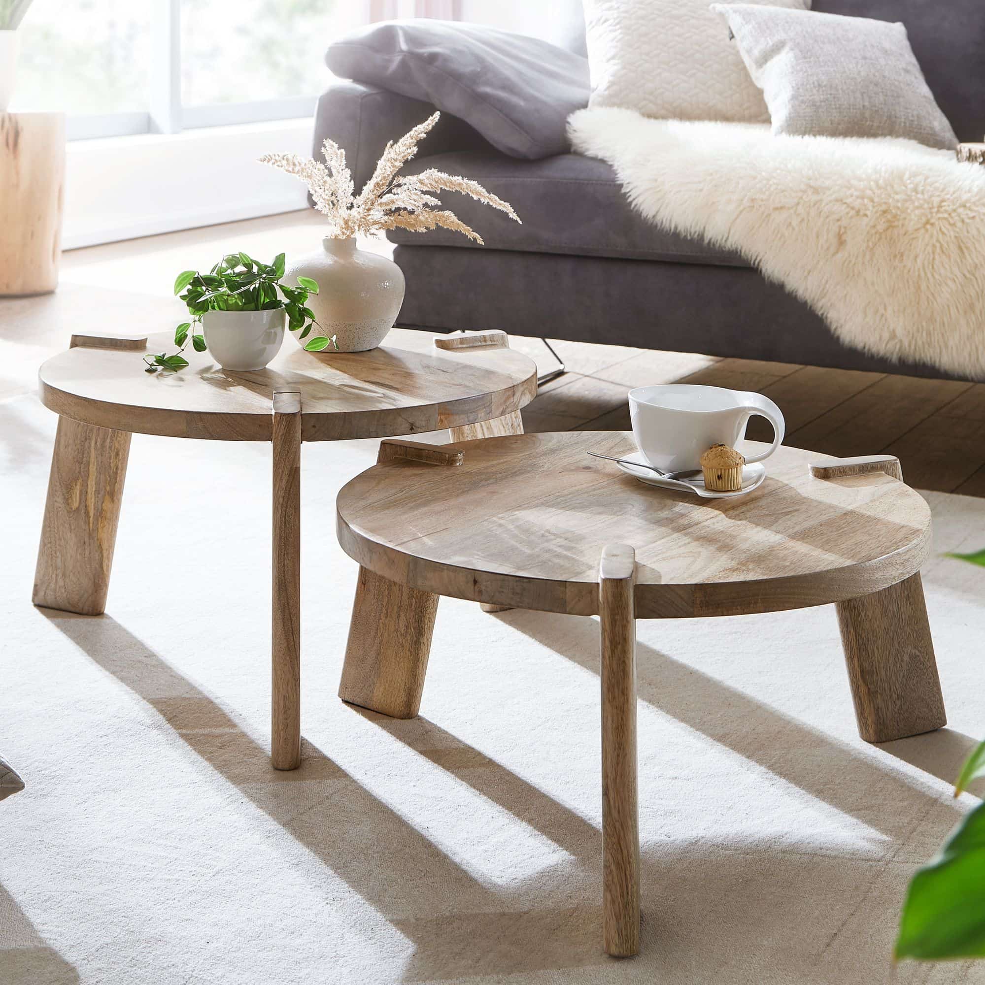 Design Couchtisch 2er Set Mango Massivholz Wohnzimmertisch Hell