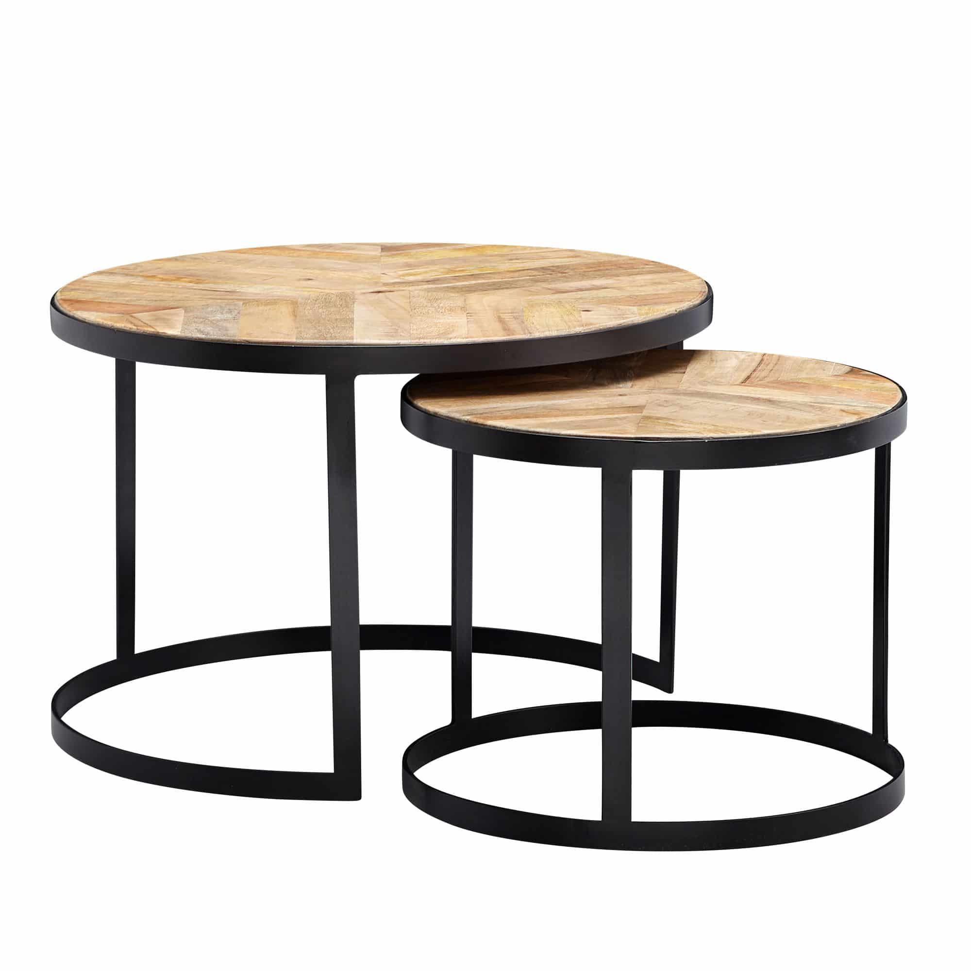 Couchtisch 2er Set Massivholz / Metall Wohnzimmertisch Industrial Rund