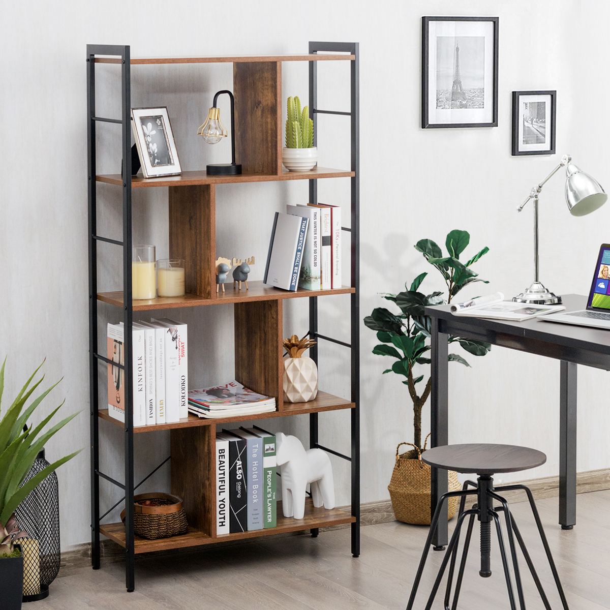 5-stöckiges Bücherregal Bücherregal mit Metallrahmen Standregal Holz 74 x 30 x 154,5 cm Braun
