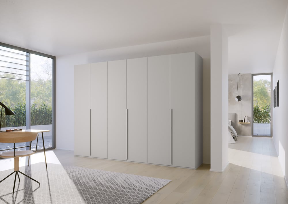 6-türiger Kleiderschrank Purisma von Rauch – Drehtürschrank in Alpinweiß, Graphit oder Seidengrau mit Schubkasteneinsatz, Innenspiegel und Krawattenhalter