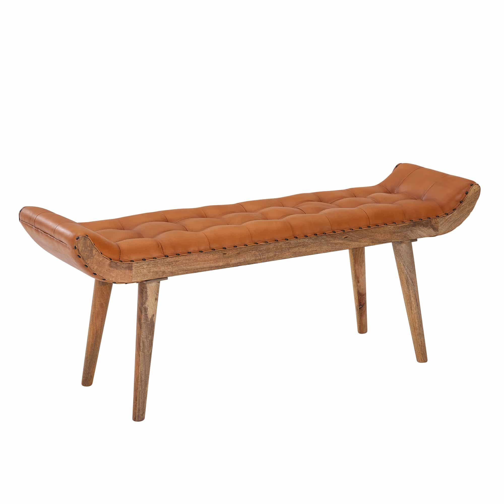 Sitzbank Echtleder / Massivholz Bank Braun 125x50x38 cm Chesterfield