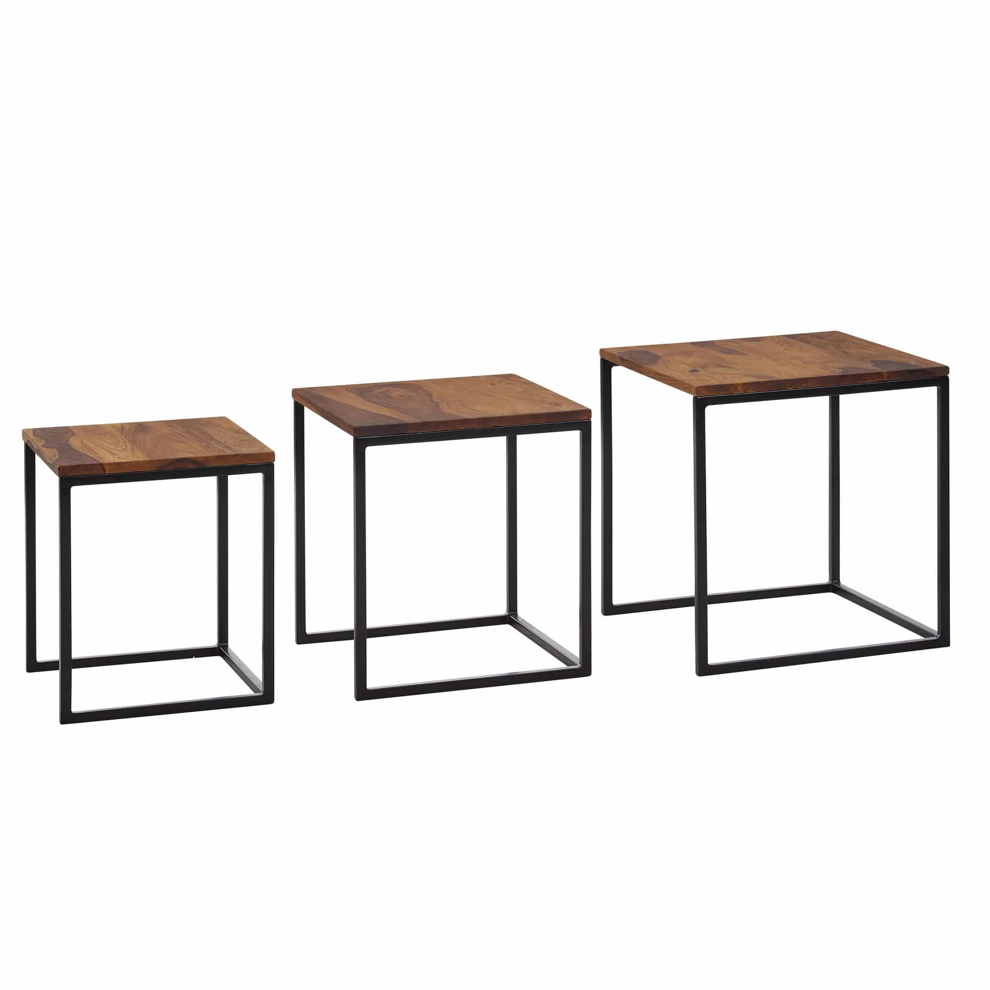 Satztisch 3er Set Sheesham Massivholz / Metall Beistelltisch Eckig Modern