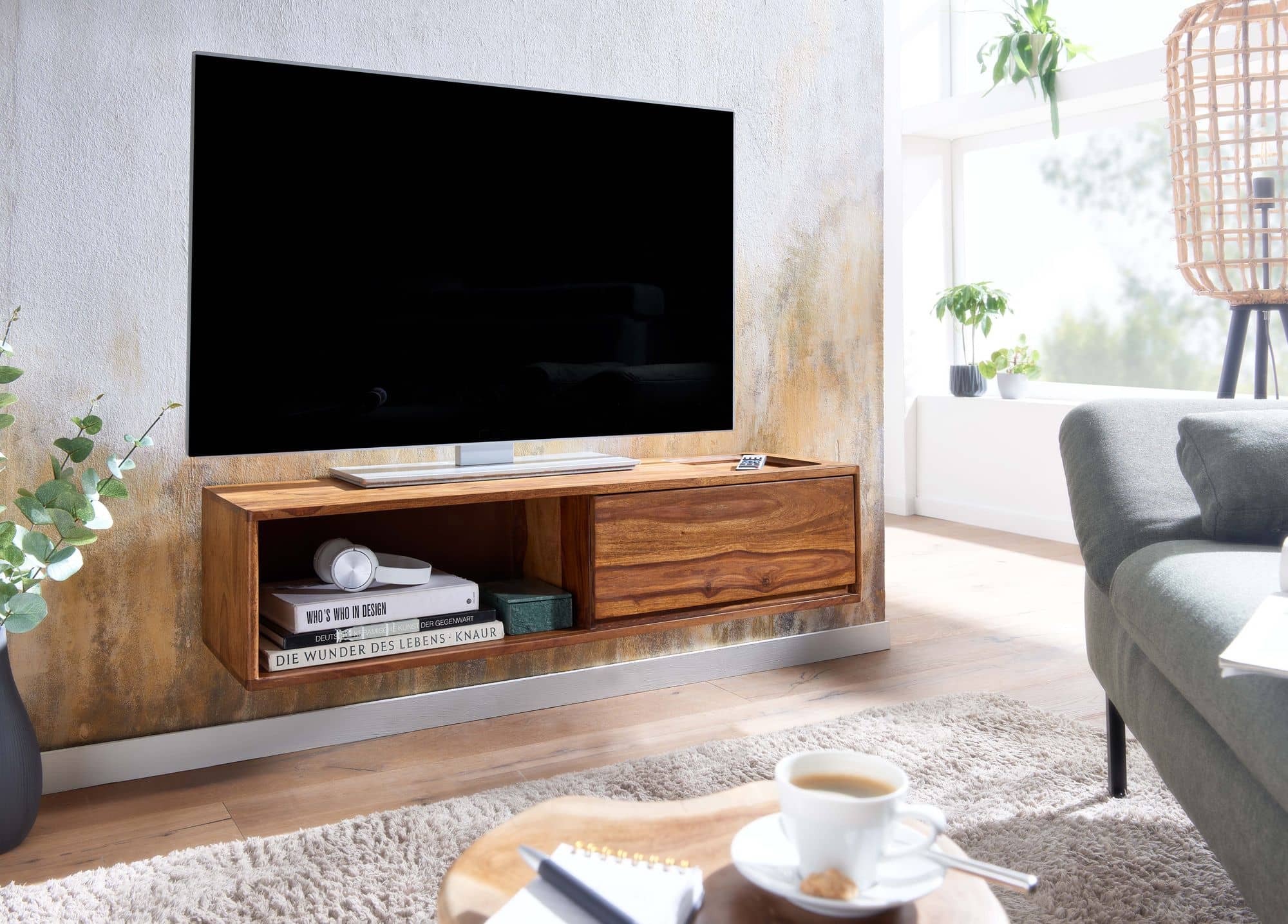Lowboard Hängend Sheesham Massivholz 108x25x34 cm TV-Schrank Braun