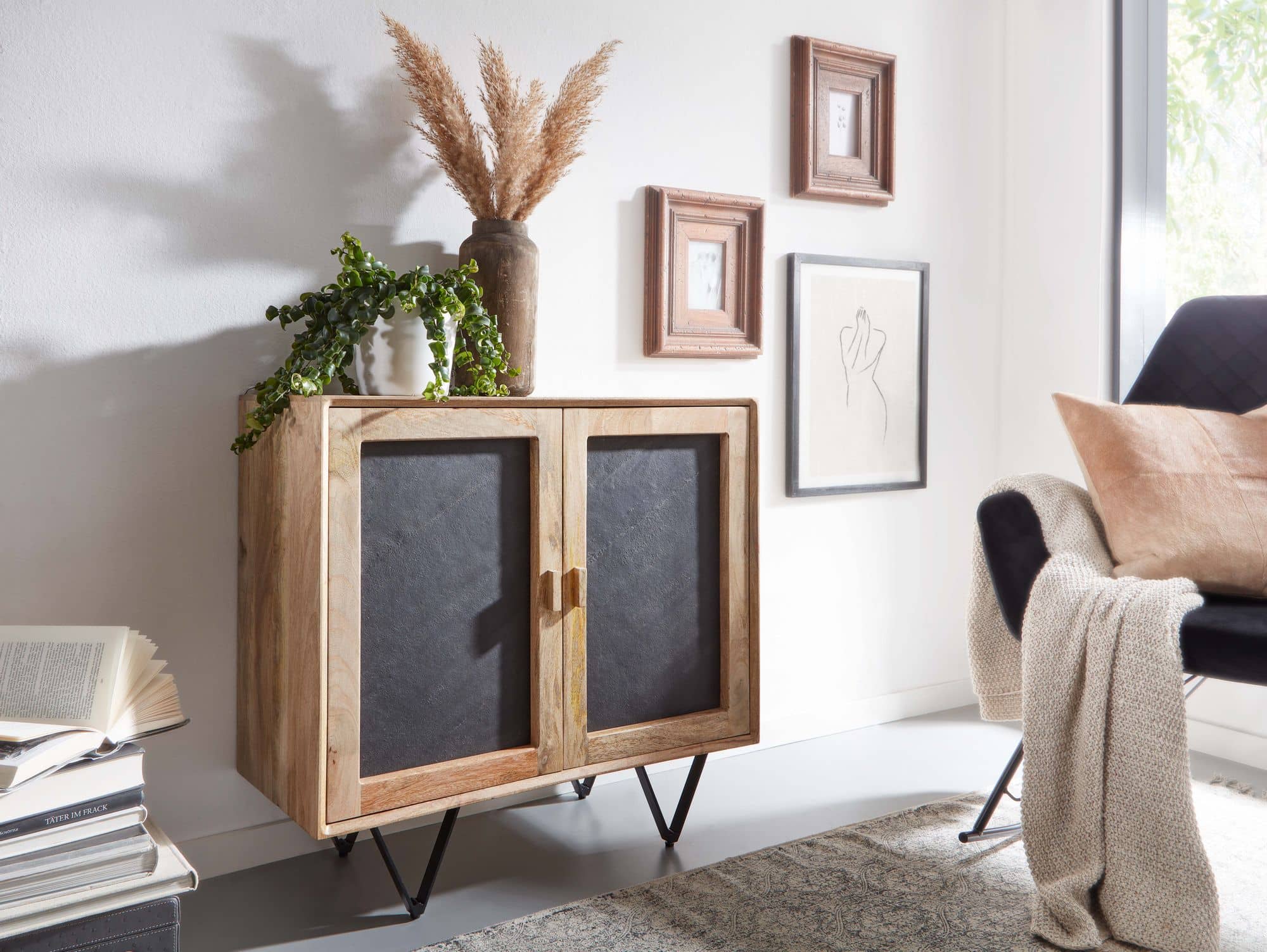 Sideboard 80x75x35 cm Mango Massivholz / Stein Anrichte Braun