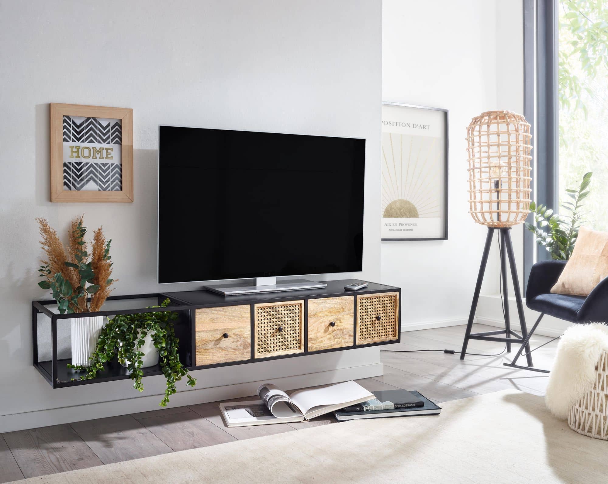 Lowboard Hängend Mango Massivholz / Metall 150x25x35 cm TV-Schrank Schwarz