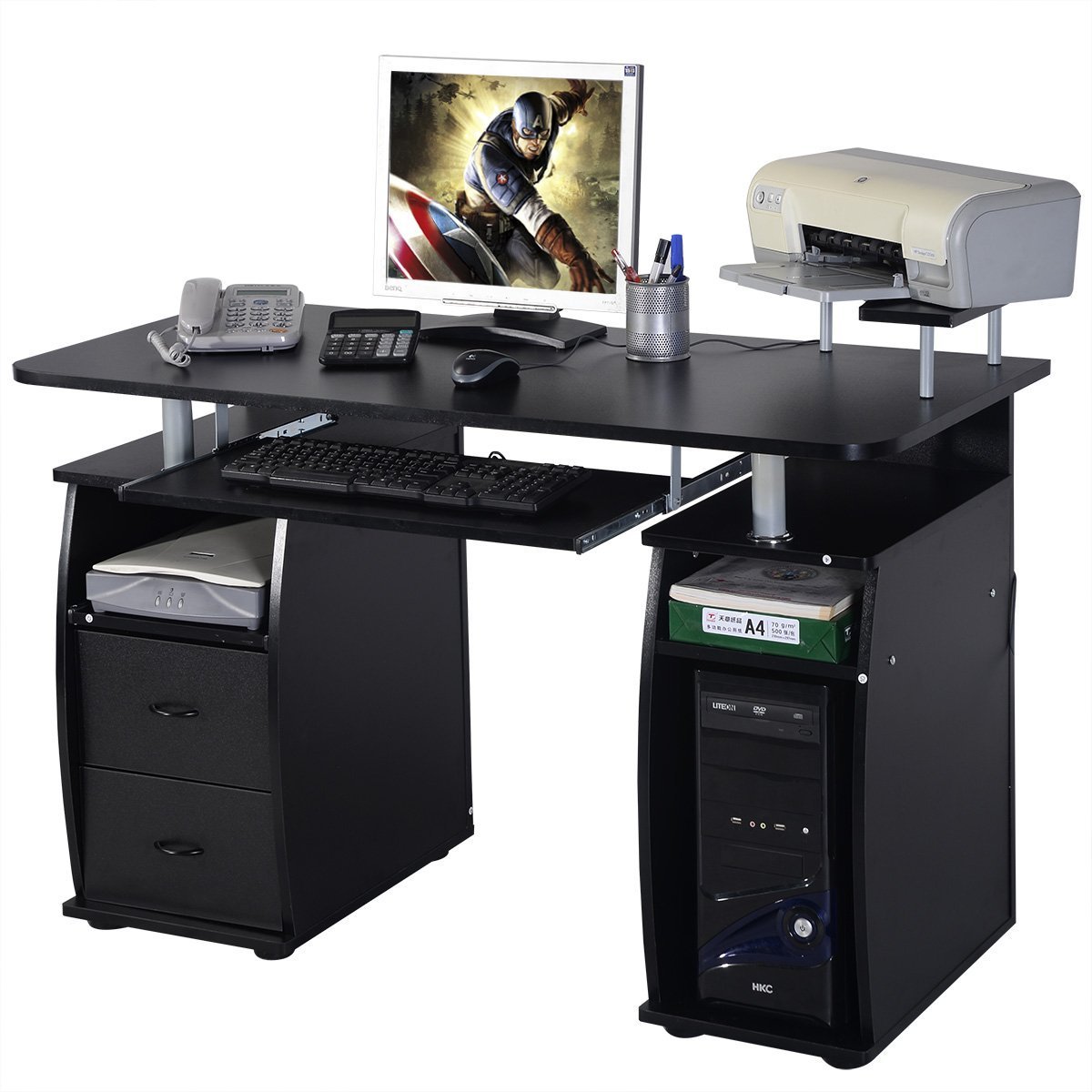 Schreibtisch Computertisch Bürotisch PC Tisch mit Druckerablage,Tastaturauszug-black