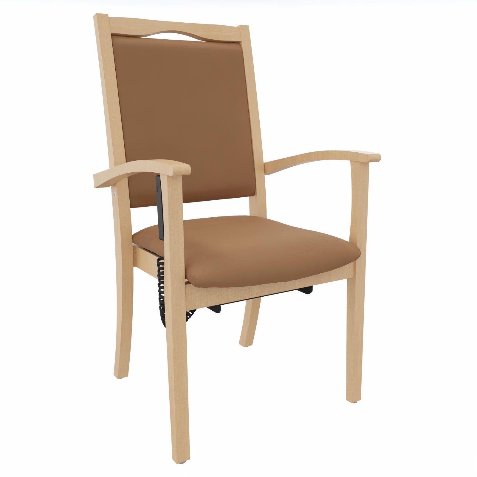 Seniorenstuhl Alexander Hochlehner mit Aufstehhilfe – Hochlehner Pflegestuhl mit Aufstehhilfe und Armlehnen - Metall Silber / Kunstleder Soft Camel