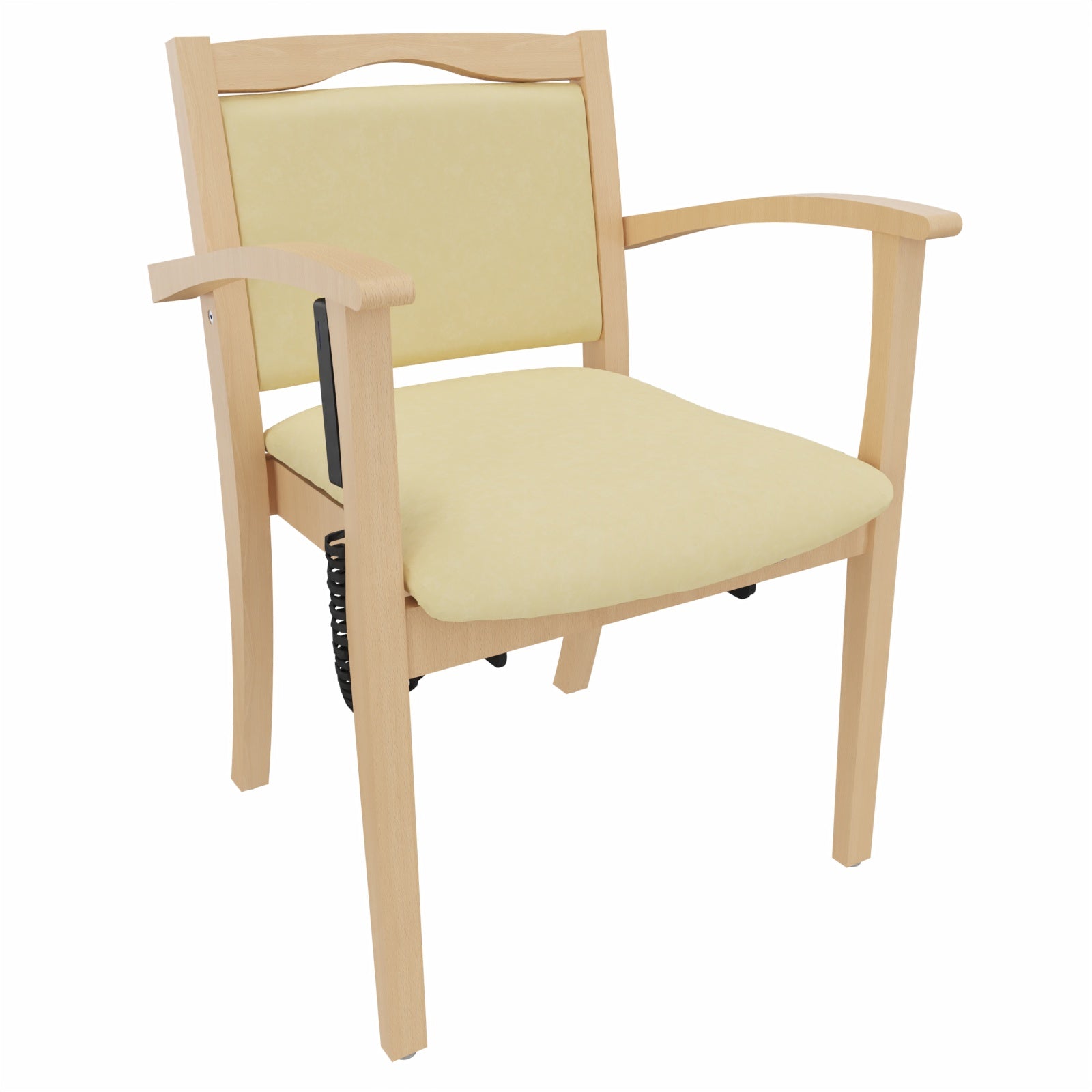 Seniorenstuhl Alexander mit Aufstehhilfe – Pflegestuhl mit Aufstehhilfe und Armlehnen – 52cm - Clean-Stoff Como Creme / Metall Silber