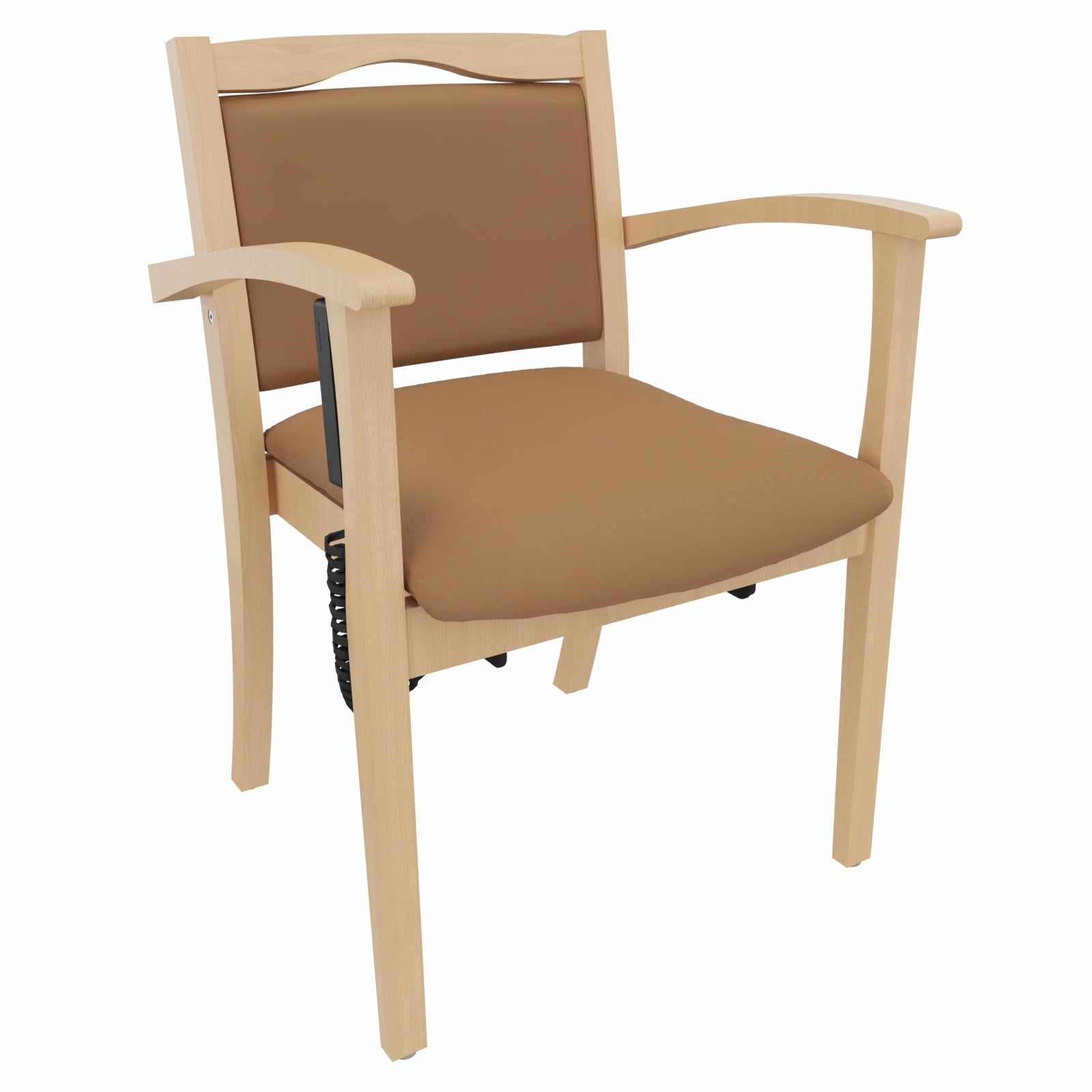 Seniorenstuhl Alexander mit Aufstehhilfe – Pflegestuhl mit Aufstehhilfe und Armlehnen – 52cm - Kunstleder Soft Camel / Metall Silber