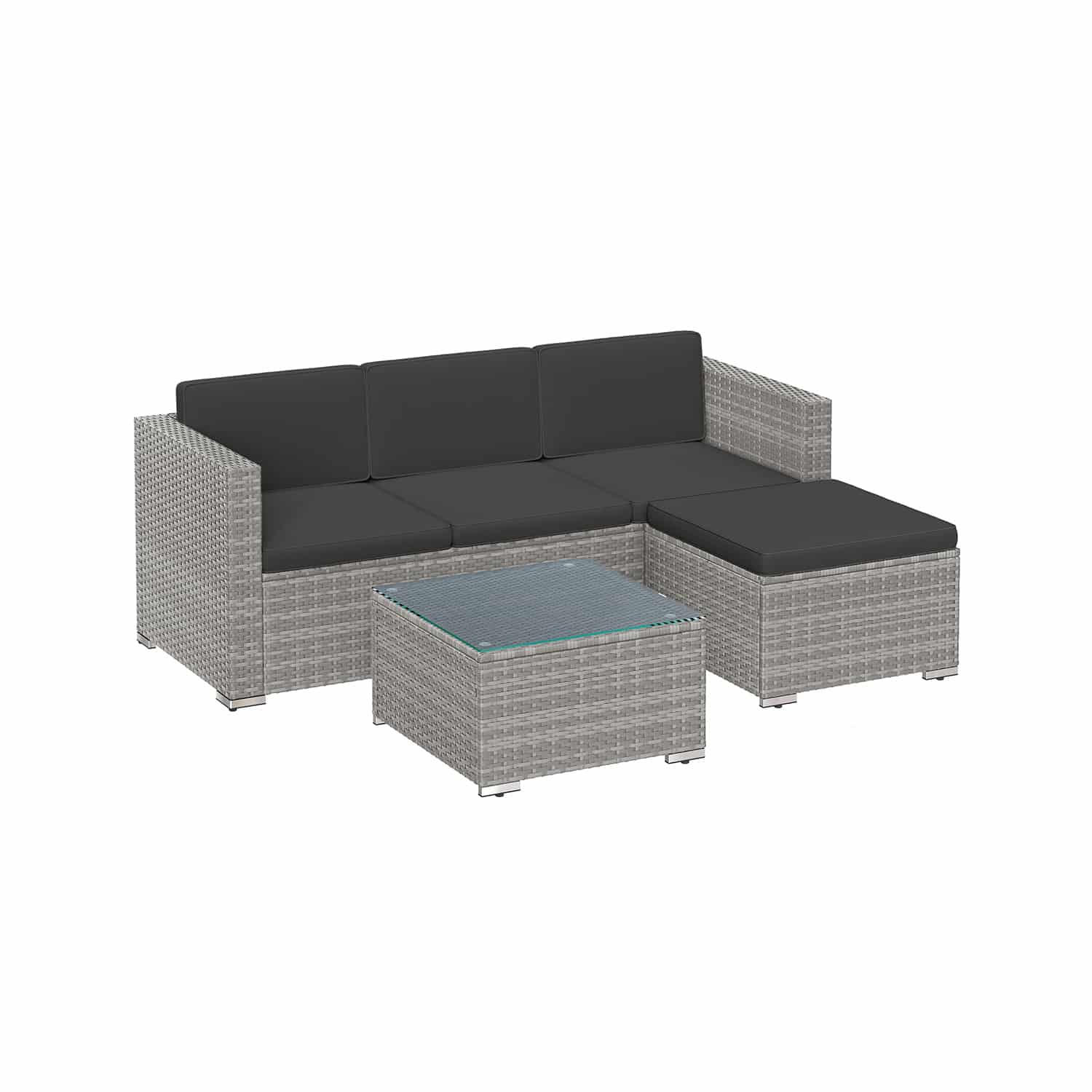 Balkonmöbel aus PE-Polyrattan mit Kissen und Glastisch