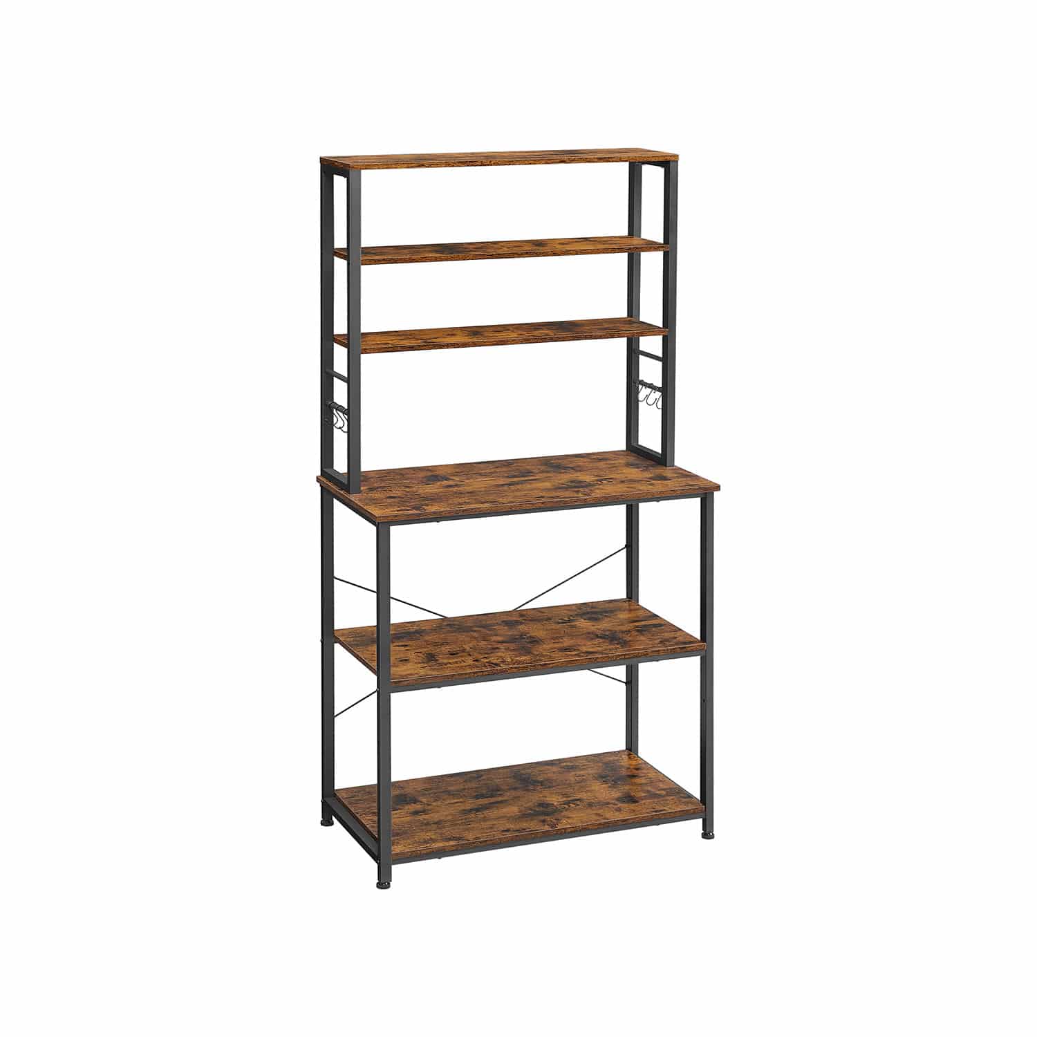 VASAGLE Küchenregal im Industrie-Design mit 4 Ablagen und Haken – 80x40x167 cm, Vintagebraun-Schwarz
