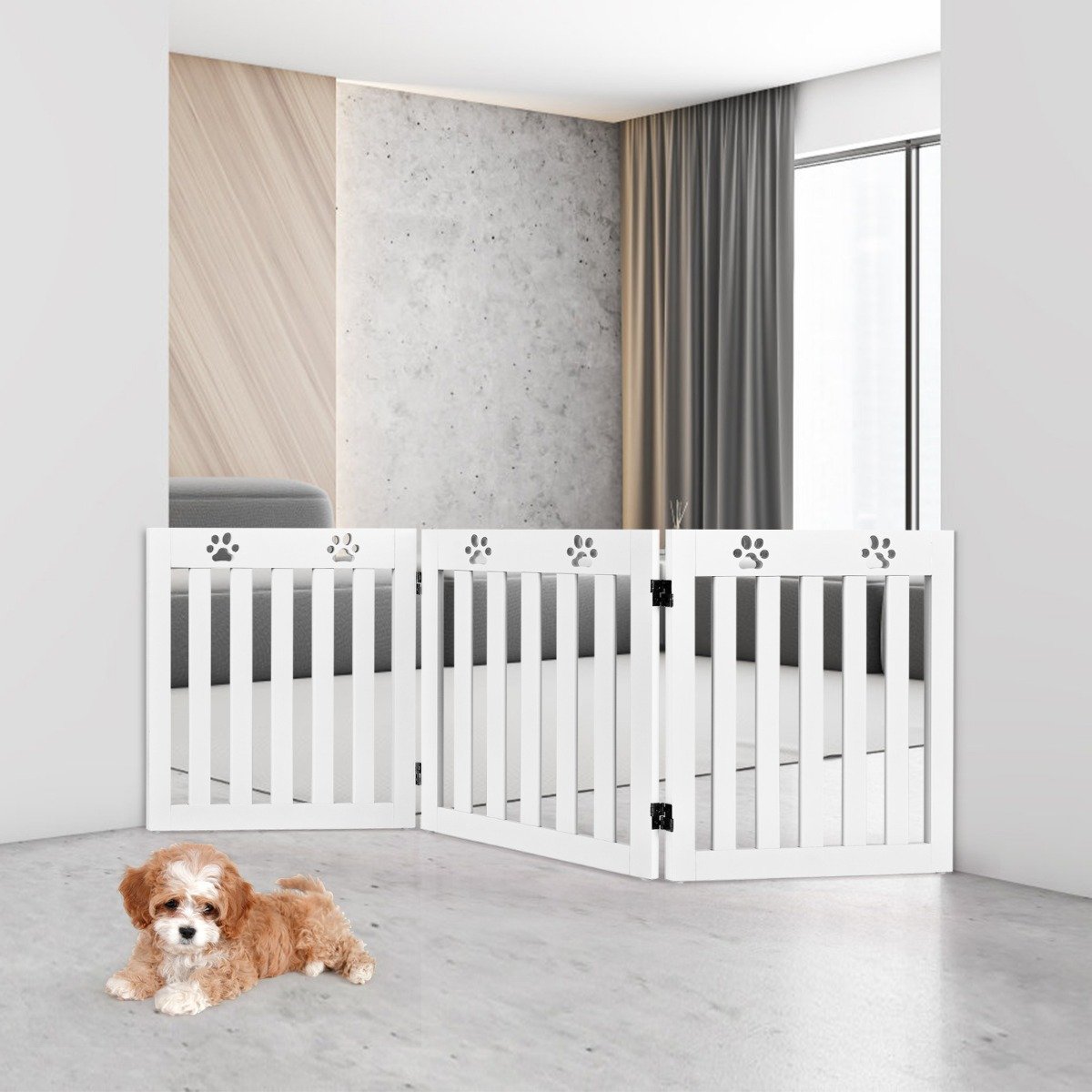 Freistehendes Holztor für Haustiere Klappbares Hundetor 3 Paneelen 151,5 x 60 x 1,5 cm Weiß