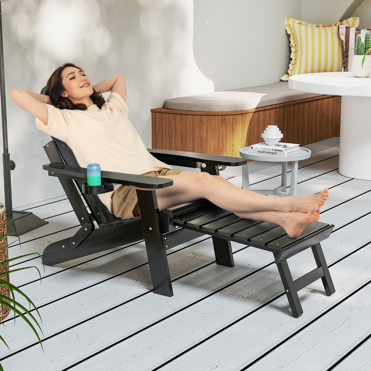Klappbarer Adirondack Stuhl mit Fußstütze & verstellbarer Rückenlehne Gartensessel mit Getränkehalter Schwarz