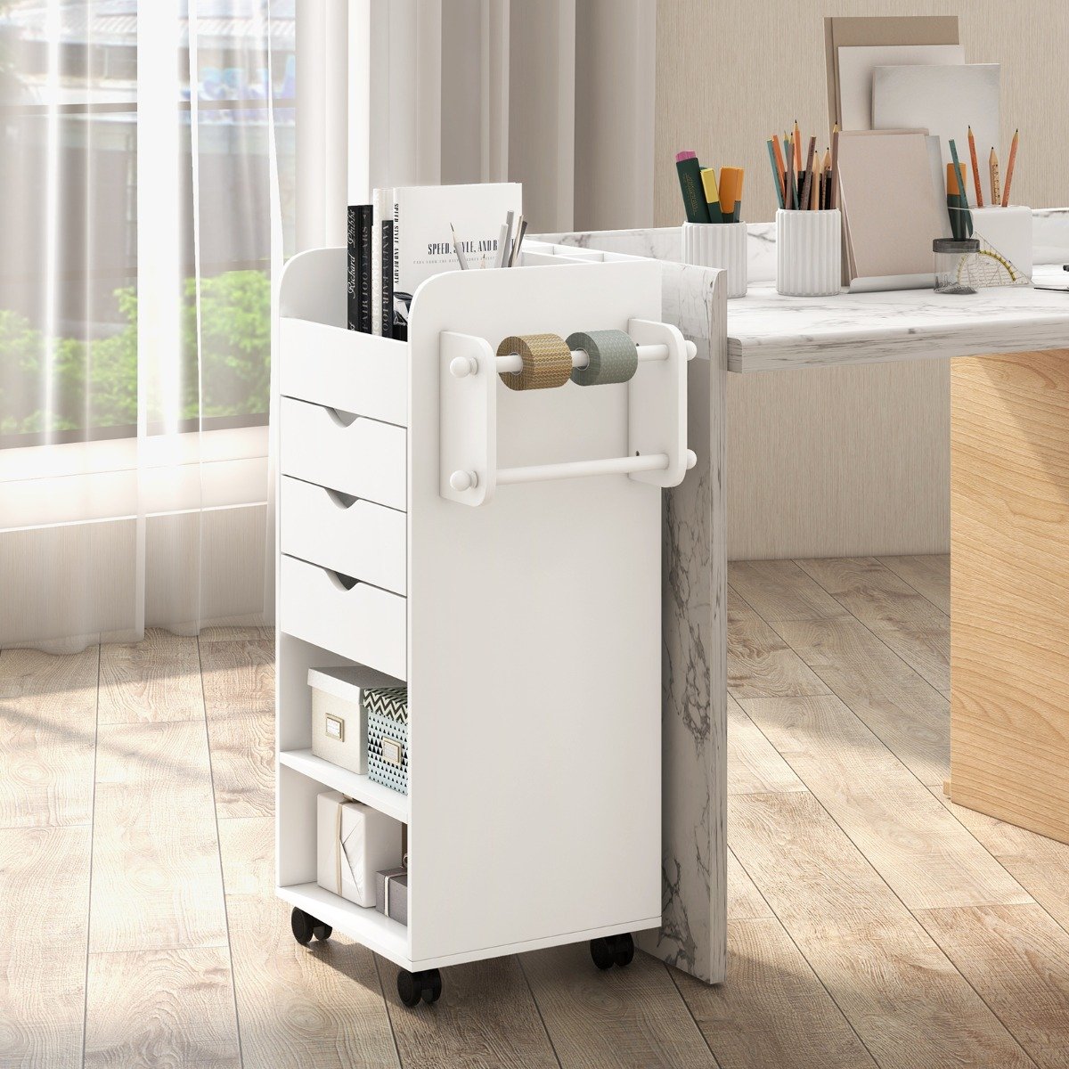 Rollcontainer Aktenschrank mit 3 Schubladen Schubladenschrank aus Holz auf Rädern Rollwagen 48,5 x 33,5 x 85,5 cm Weiß