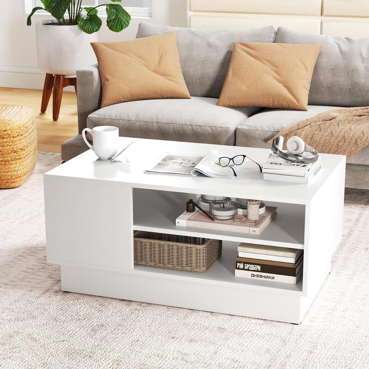 Holz Couchtisch mit Stauraum & offenen Fächern Wohnzimmertisch Beistelltisch Sofatisch Weiß