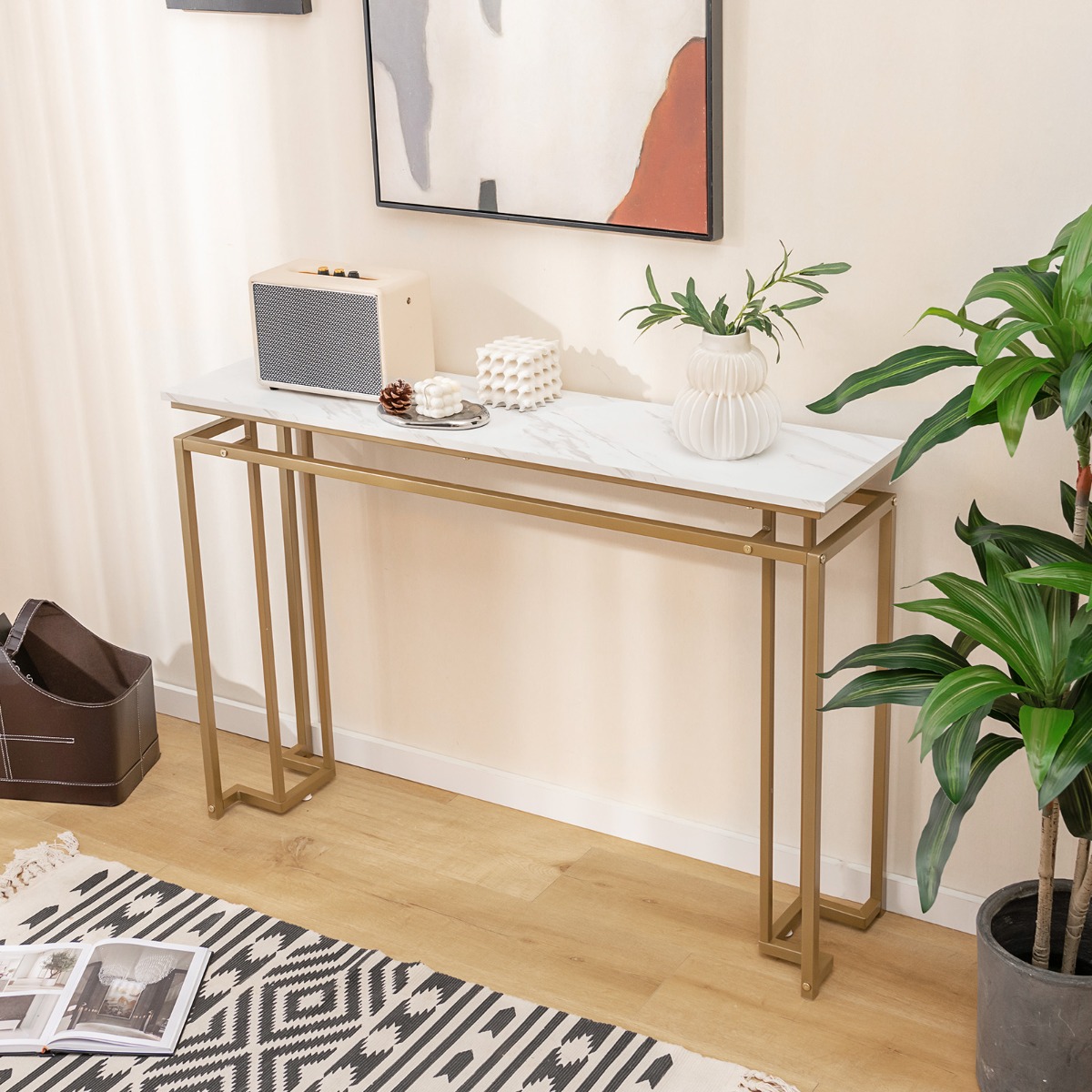120 cm Konsolentisch mit Kunstmarmor Tischplatte & Geometrischem Metallrahmen Flurtisch Golden