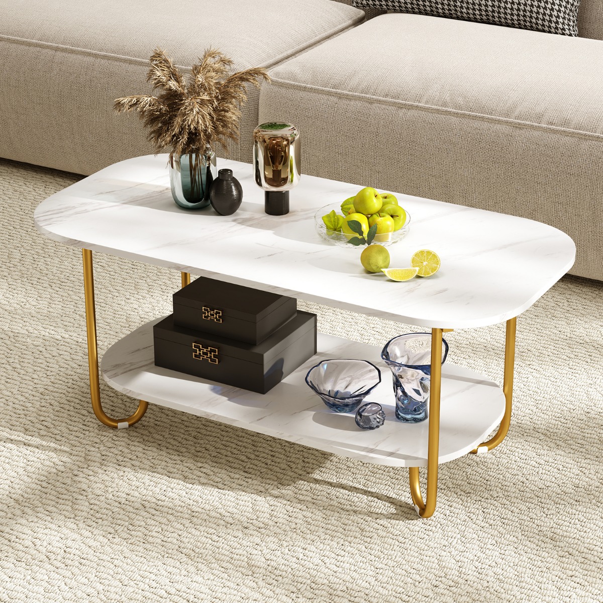 Couchtisch mit Faux-Marmorplatte 2-stufiger moderner Teetisch mit robustem Metallrahmen 100 x 50 x 45 cm