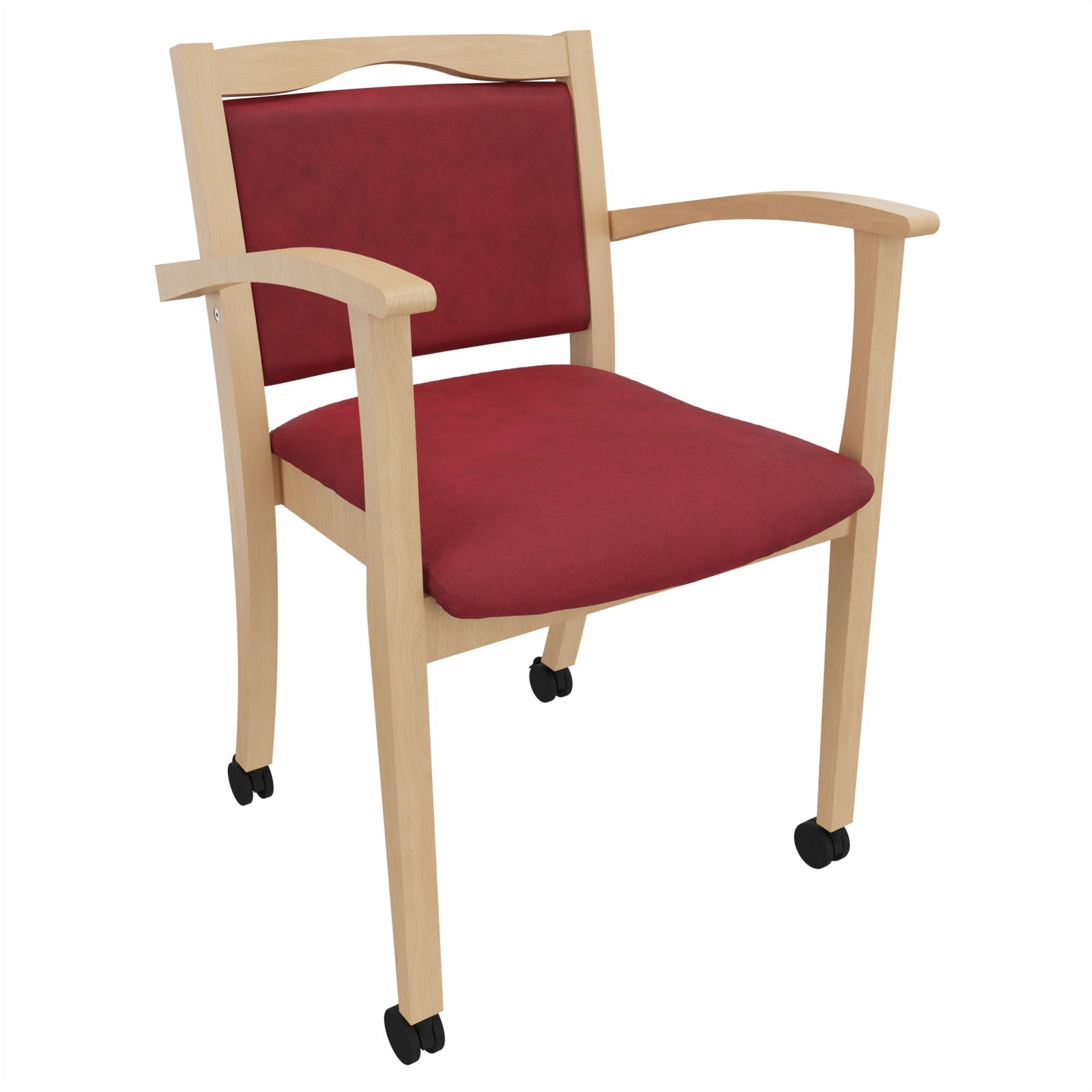 Seniorenstuhl Alexander auf Rollen – Komfortabler Pflegestuhl mit Armlehnen und Rollen - 53,5cm / Clean-Stoff Como Rot