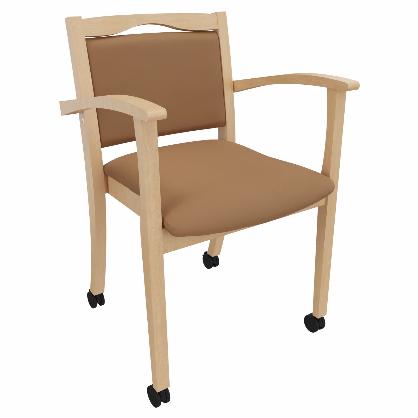 Seniorenstuhl Alexander auf Rollen – Komfortabler Pflegestuhl mit Armlehnen und Rollen - 47cm / Kunstleder Soft Camel