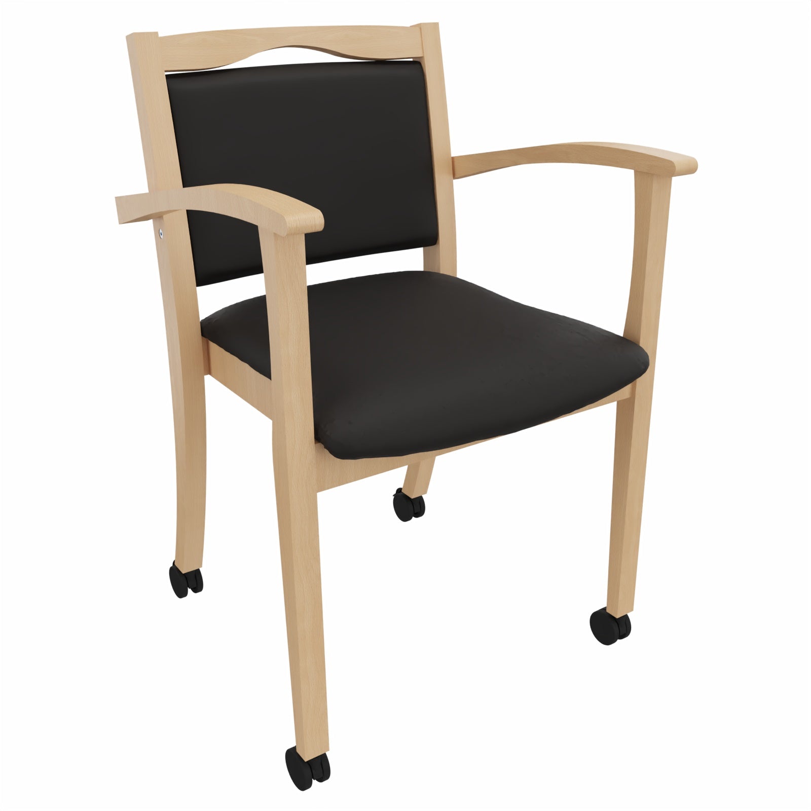 Seniorenstuhl Alexander auf Rollen – Komfortabler Pflegestuhl mit Armlehnen und Rollen - 47cm / Kunstleder Soft Schwarz