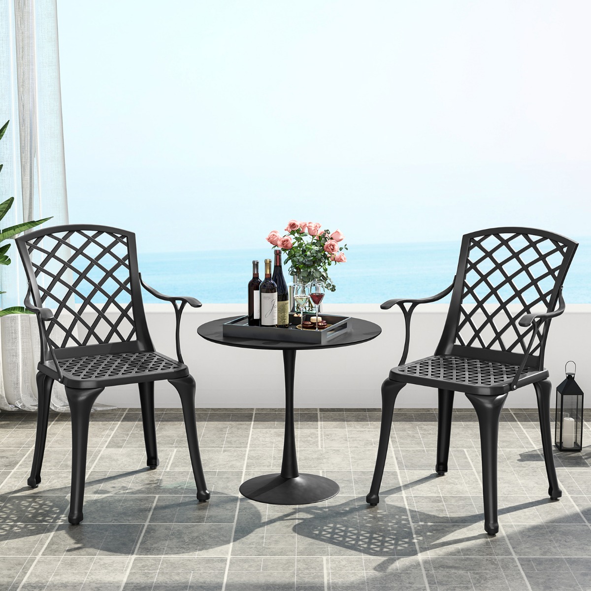 2er Set Gartenstühle aus Aluminiumguss wetterfeste Terrassenstühle mit Armlehnen Schwarz