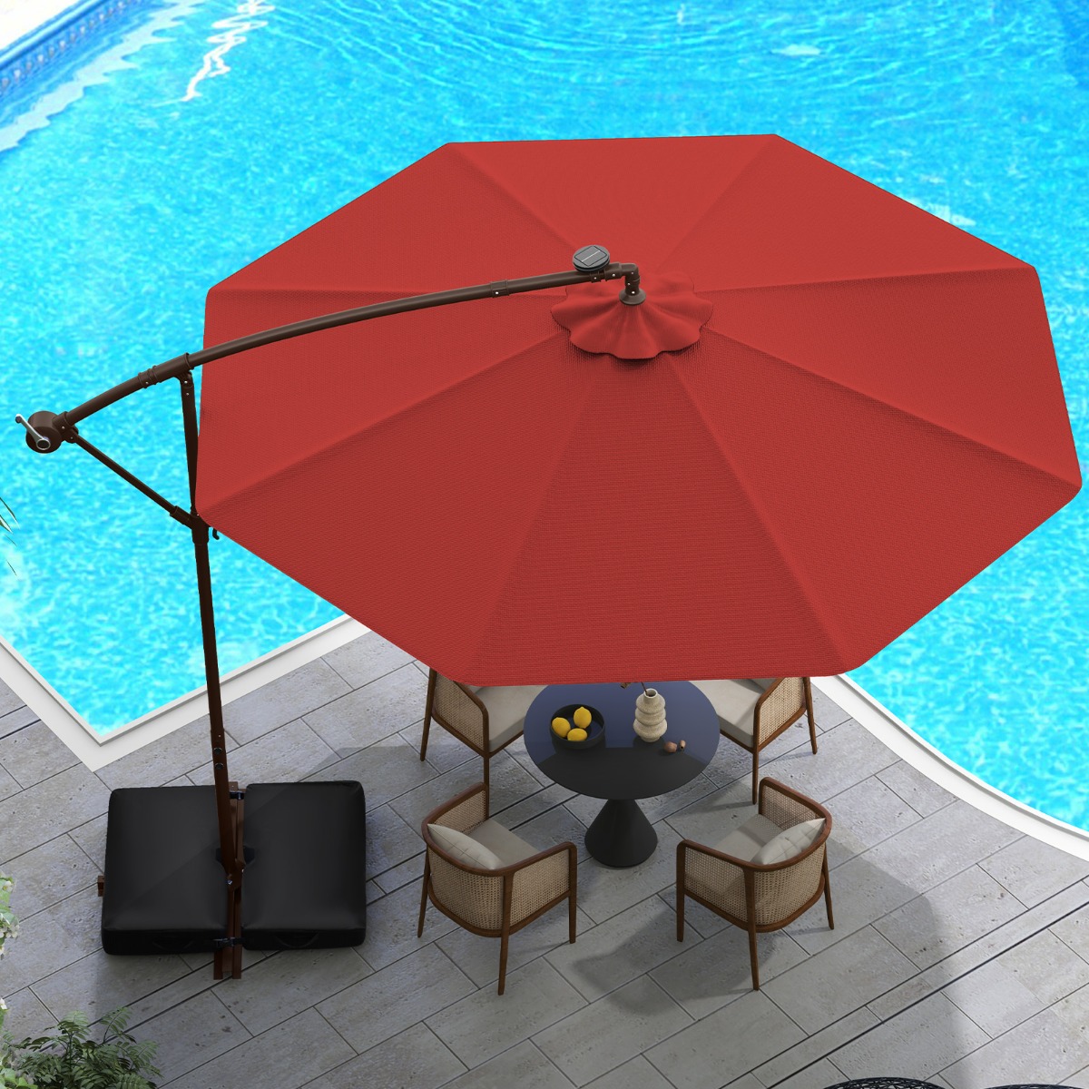 Ø300 cm Ampelschirm mit 40 Solar-LED-Leuchten & Sandsäcke & Kurbel & UV-Schutz Sonnenschirm Rot